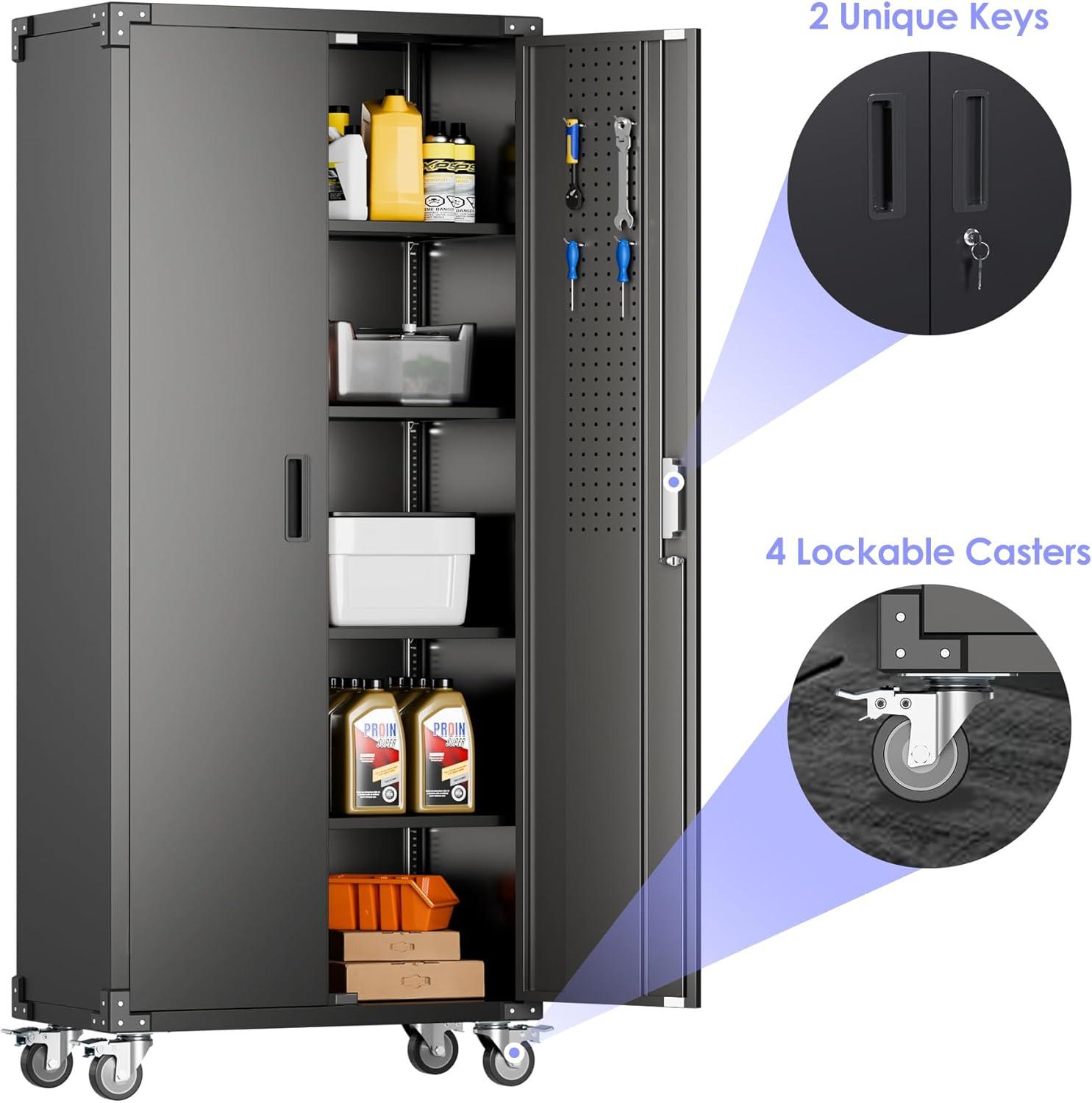 AOBABO 72 Inch Locking Metal Garage Storage Cabinet with Universal Rubber Wheels with Lockable Casters, Pegboards, and Magnetic Doors, Black