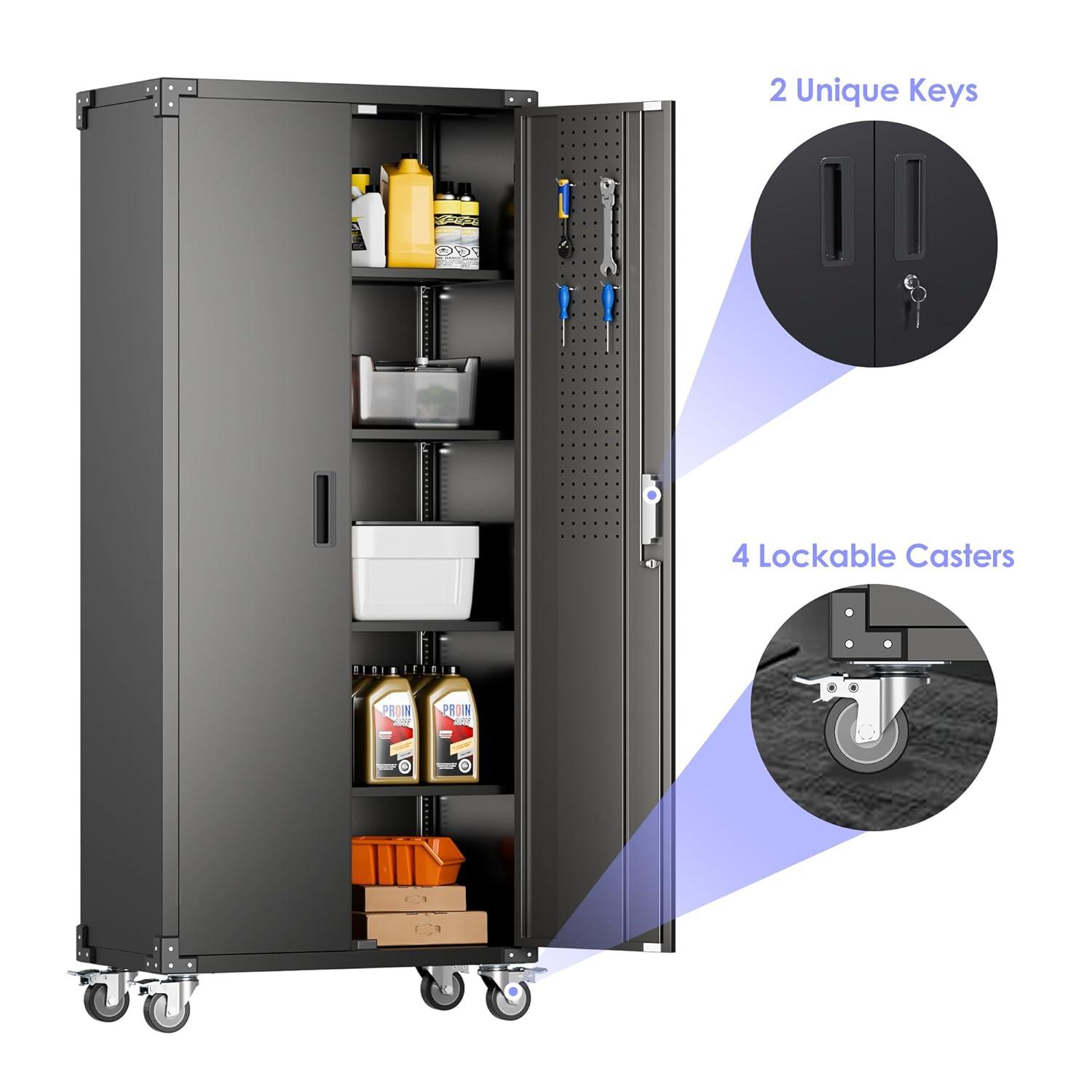 AOBABO 72 Inch Locking Metal Garage Storage Cabinet with Universal Rubber Wheels with Lockable Casters, Pegboards, and Magnetic Doors, Black