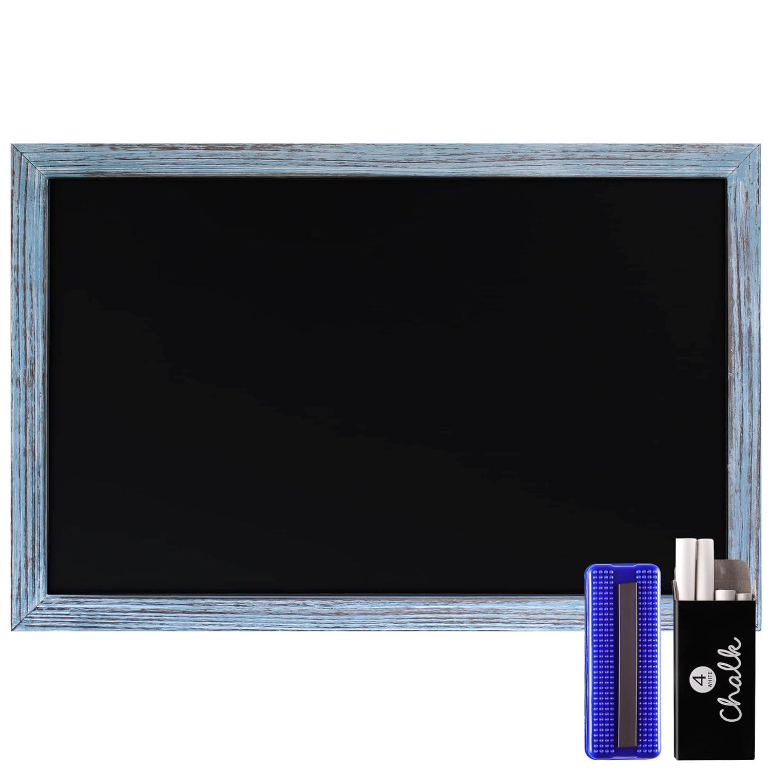 HBCY Creations Rustic Blue Magnetic Wall Chalkboard, 18" x 24", Framed Decorative Chalkboard with Eraser - For Kitchen, Weddings, Restaurant Menus and More!