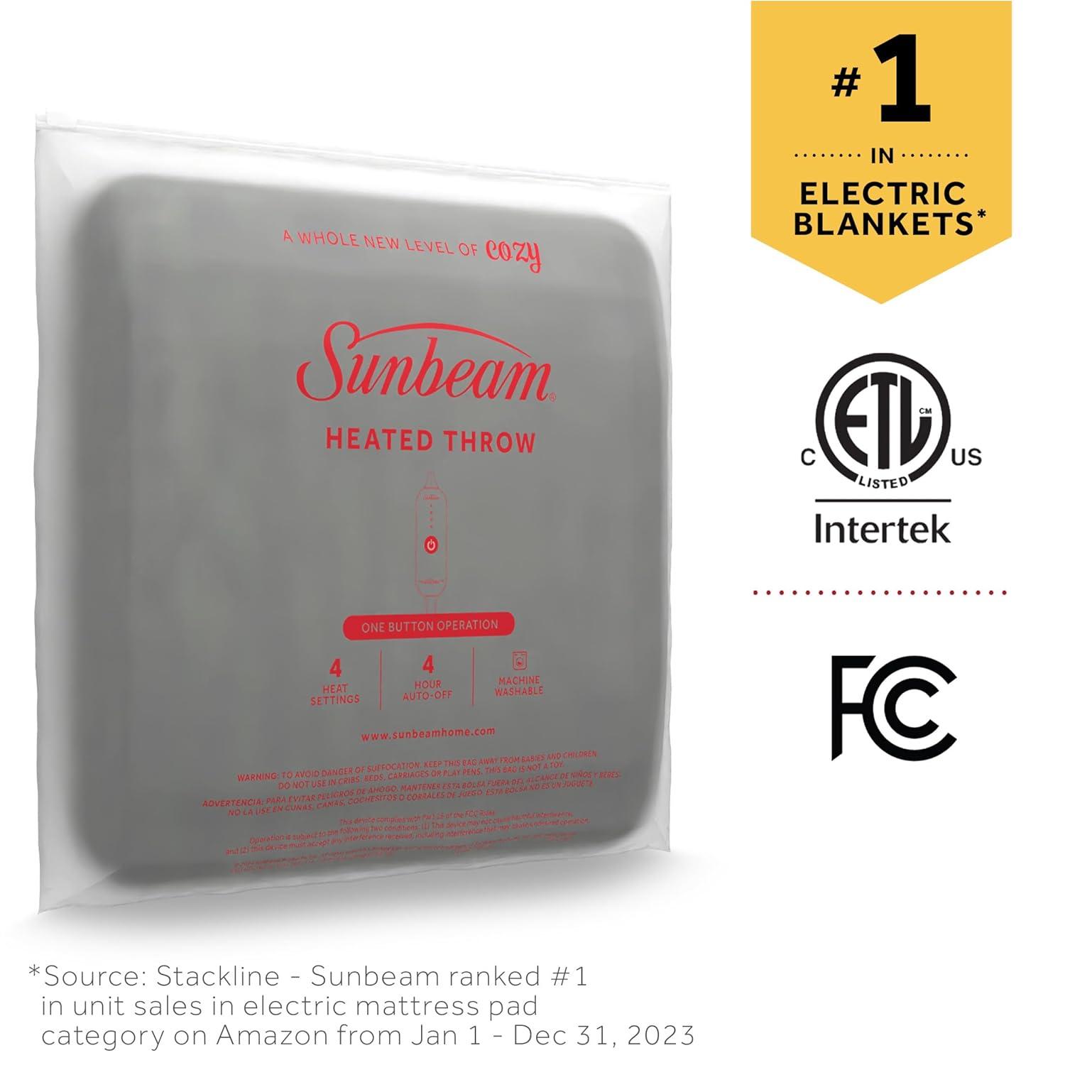 Sunbeam 50" x 60" Quilted Nordic Velvet Reverse Shearling Heated Throw Electric Blanket Olive: Lightweight, Machine Washable