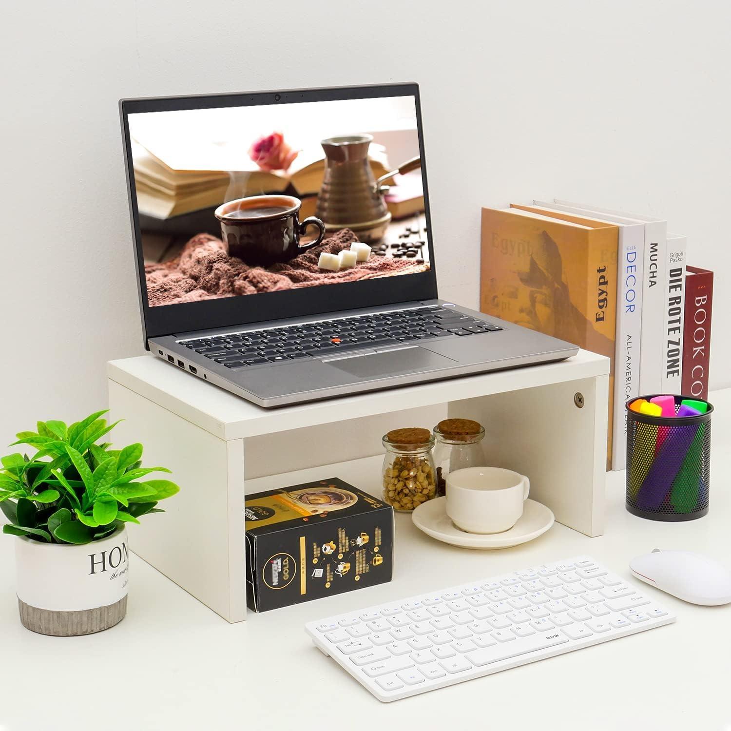 White MDF Monitor Stand Riser with Storage