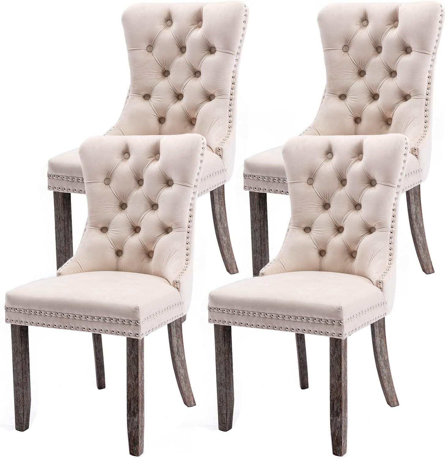 Tzicr Tufted Dining Chairs Set of 4, Upholstered Dining Chairs with Nailhead Back, Nailhead Trim, Velvet Dining Chairs for Kitchen/Bedroom/Dining Room(Beige)