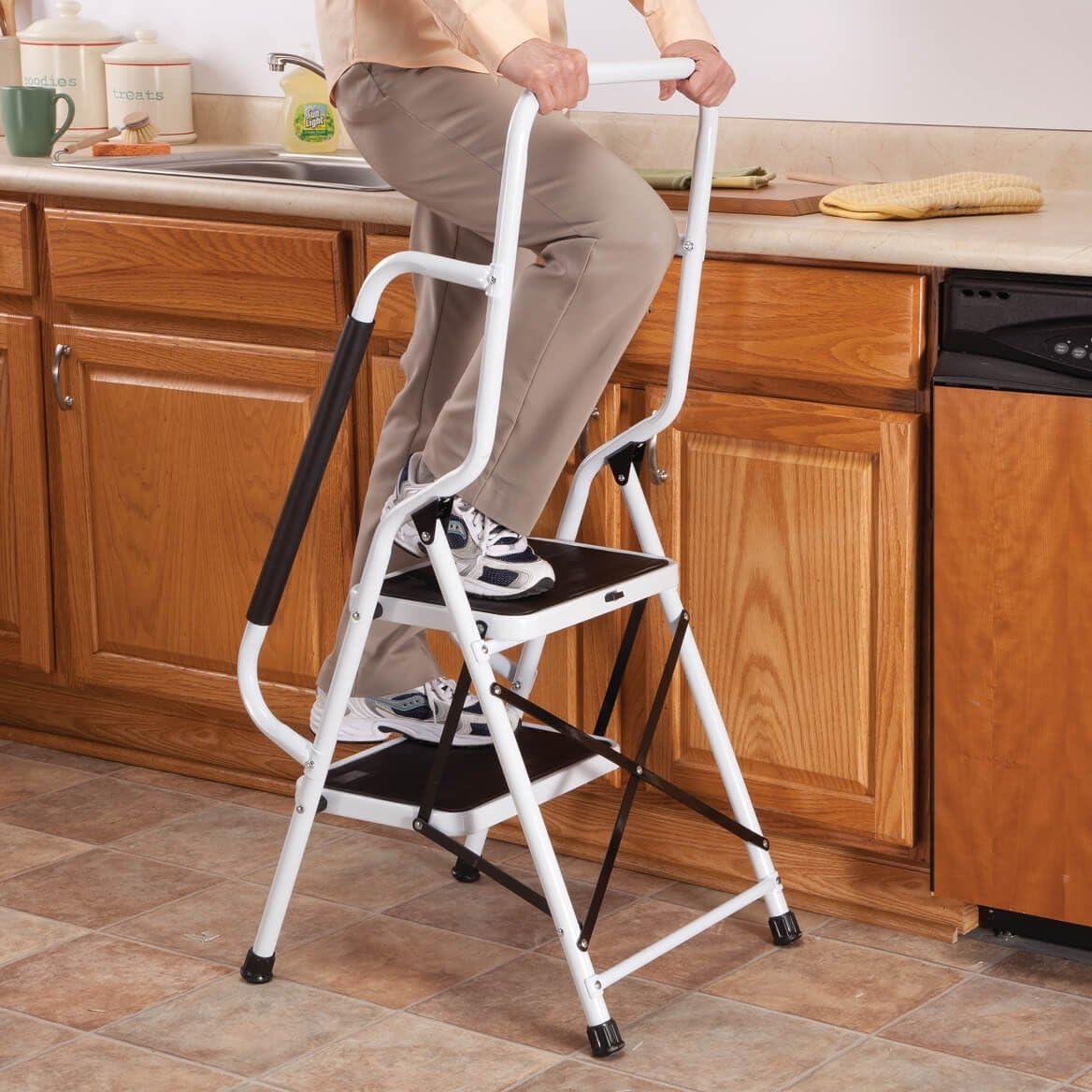 Two-Tier White and Black Steel Step Ladder with Handles