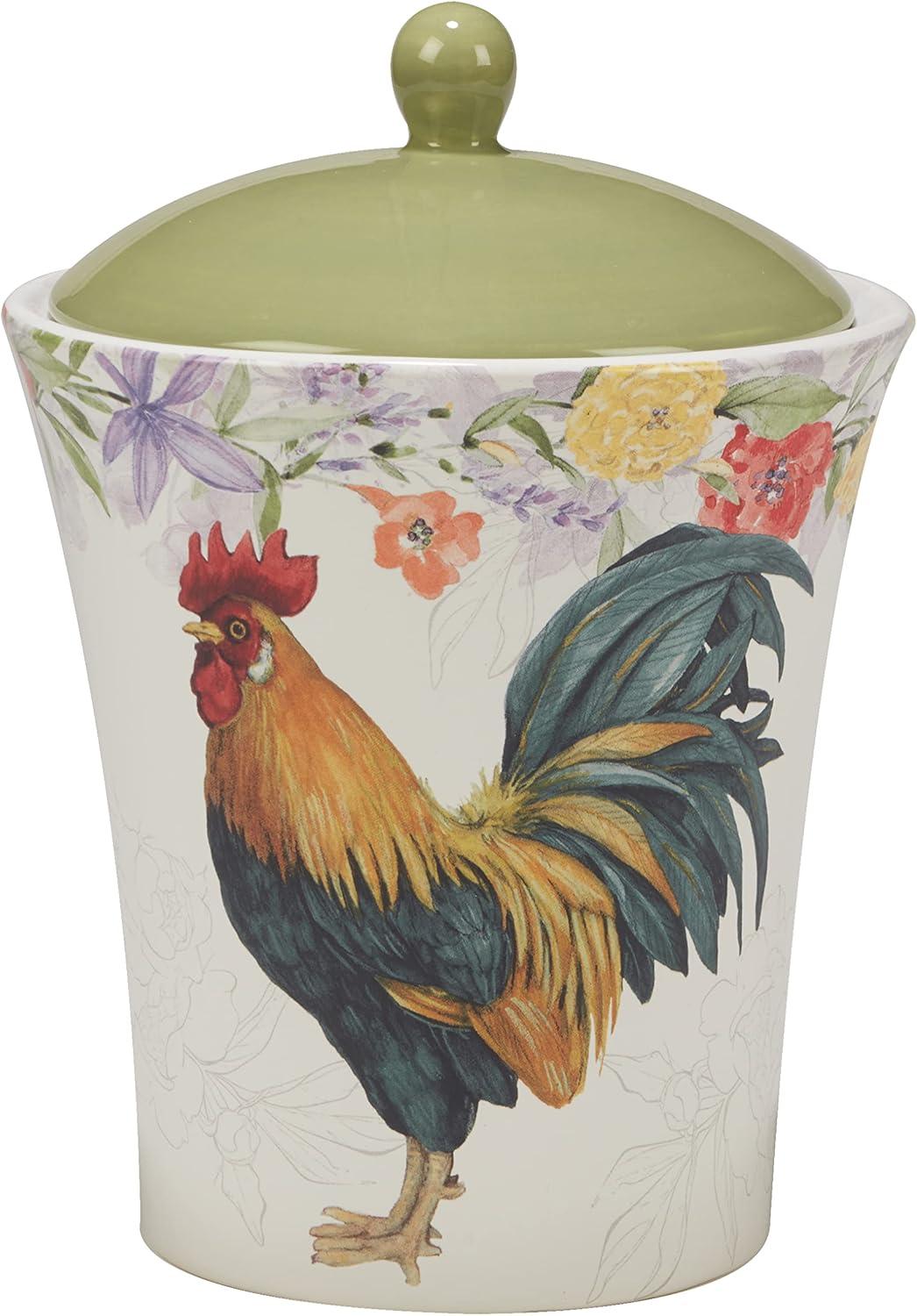 Green Ceramic Rooster Floral 3-Piece Canister Set