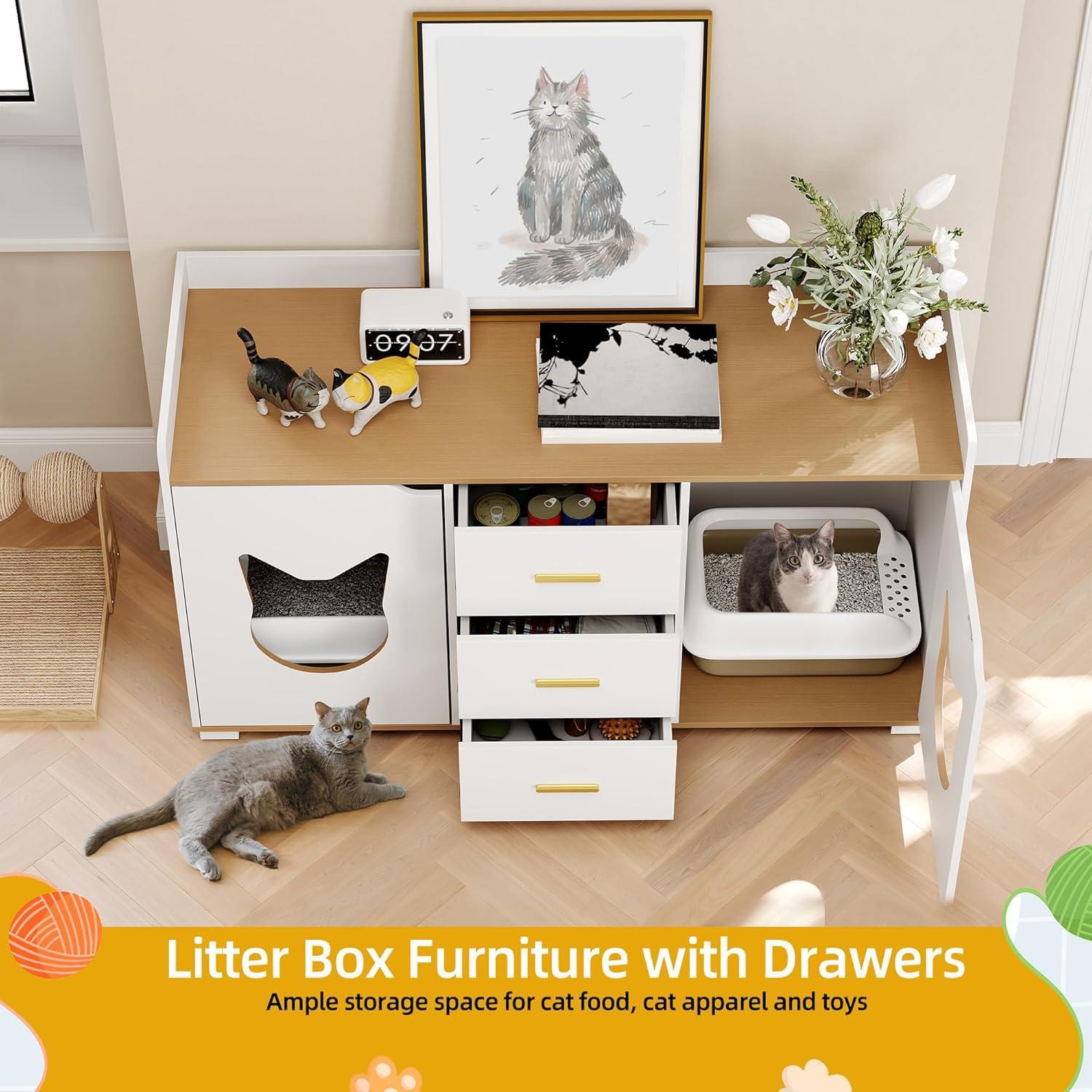 DWVO Large Hidden Cat Litter Box Enclosure Furniture with 2 Shelf Cat Washroom Storage with Charging Station，Wooden Cat Cabinet for Litter Box - Gray