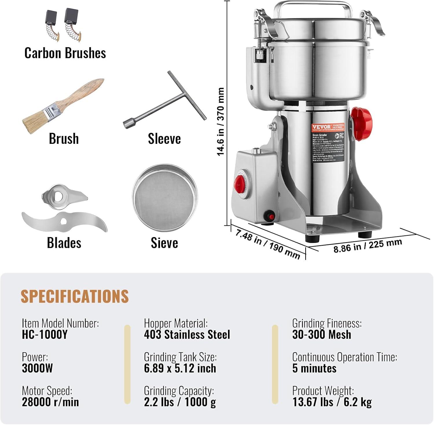 VEVOR High-Speed Stainless Steel Electric Grain Mill Grinder