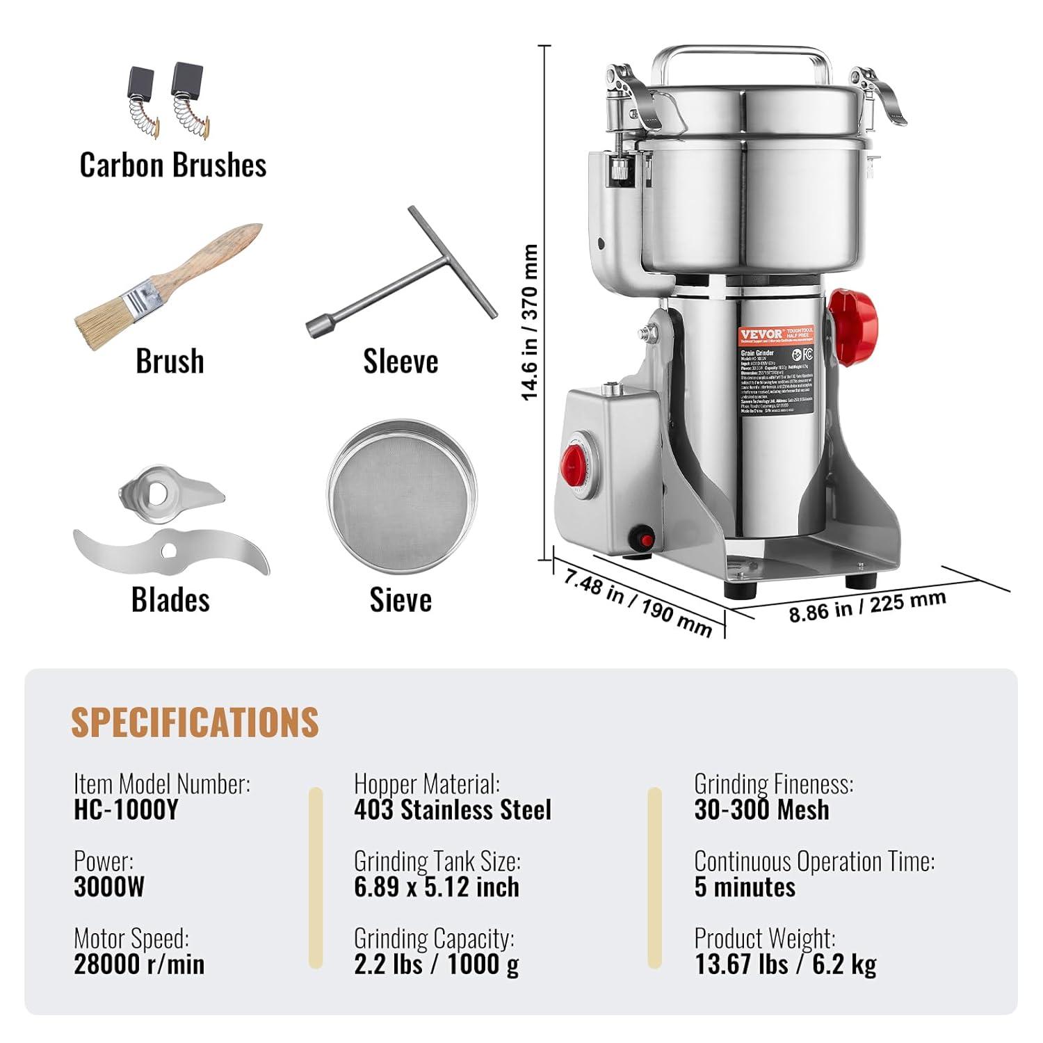 VEVOR 1000g Commercial Spice Grinder Electric Grain Mill Grinder High Speed