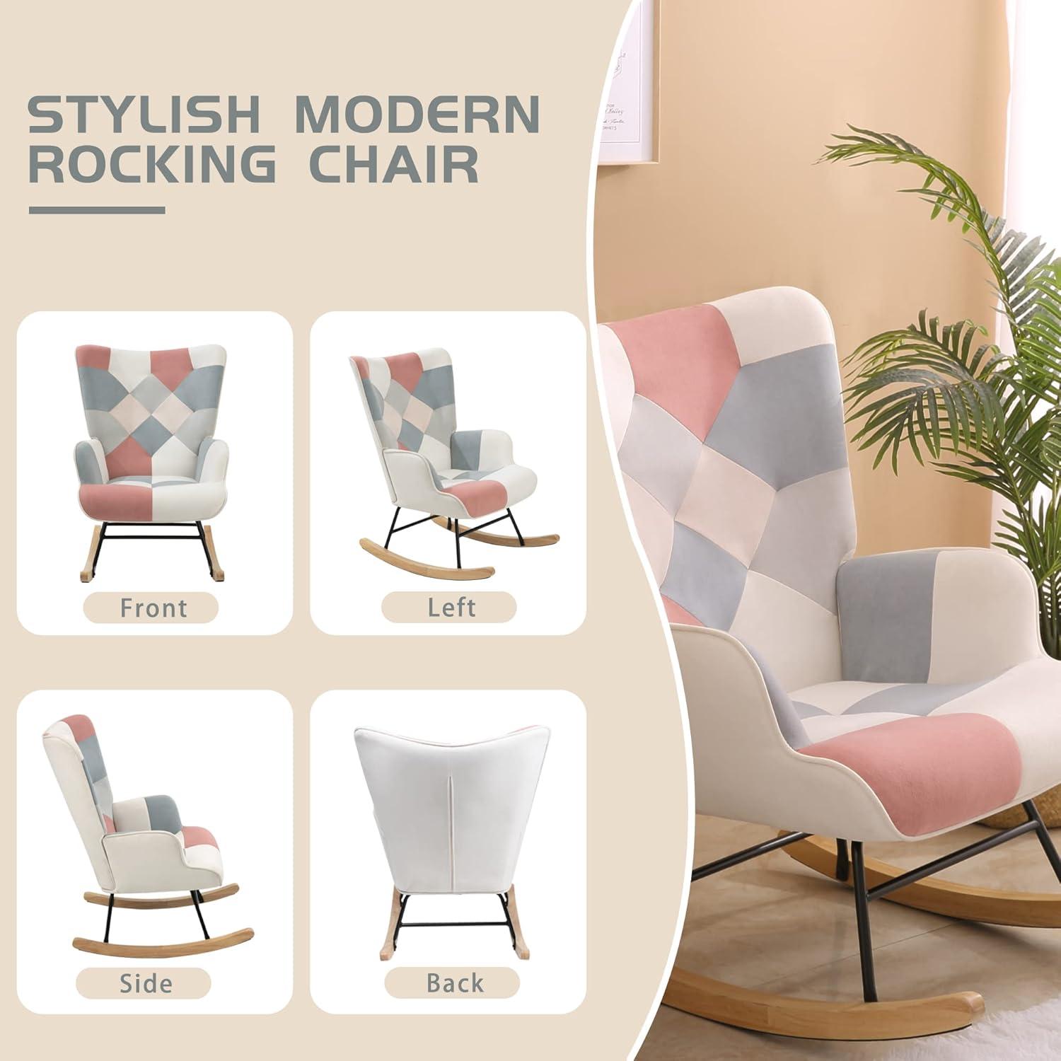 Accent Rocking Chair, Mid Century Fabric Rocker Recliner Chairs with Wood Legs and Patchwork Linen for Livingroom Bedroom, Pink