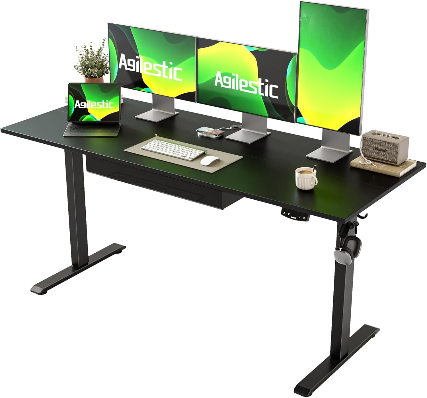 Agilestic Adjustable Height Electric Standing Desk with Storage Wooden Drawer, 55 x 24 Inches Stand Up Home Office Computer Gaming Table for Work Office Home, Rustic Brown