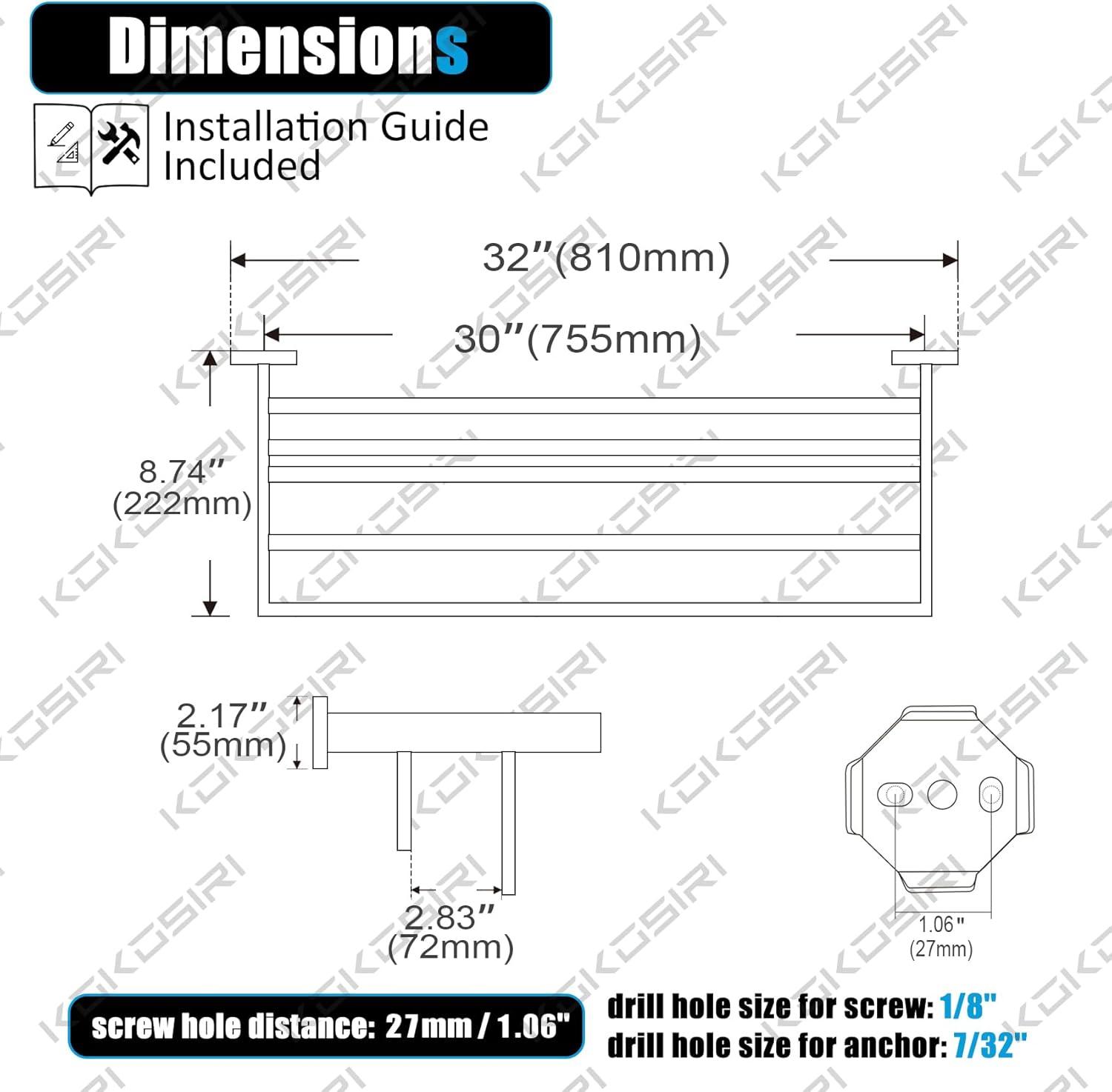 32" Wall Mounted Stainless Steel Double Towel Bar Towel Rack