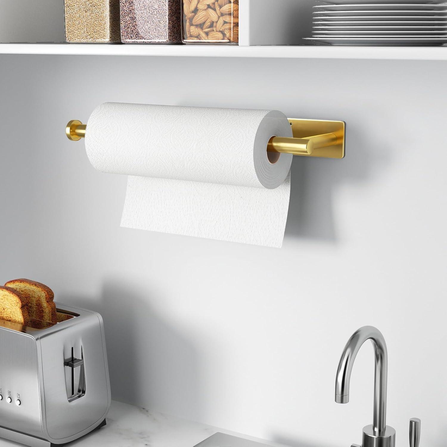 Paper Towel Holder- Self Adhesive or Drilling Gold Stainless Steel Wall Mount Towel Holder