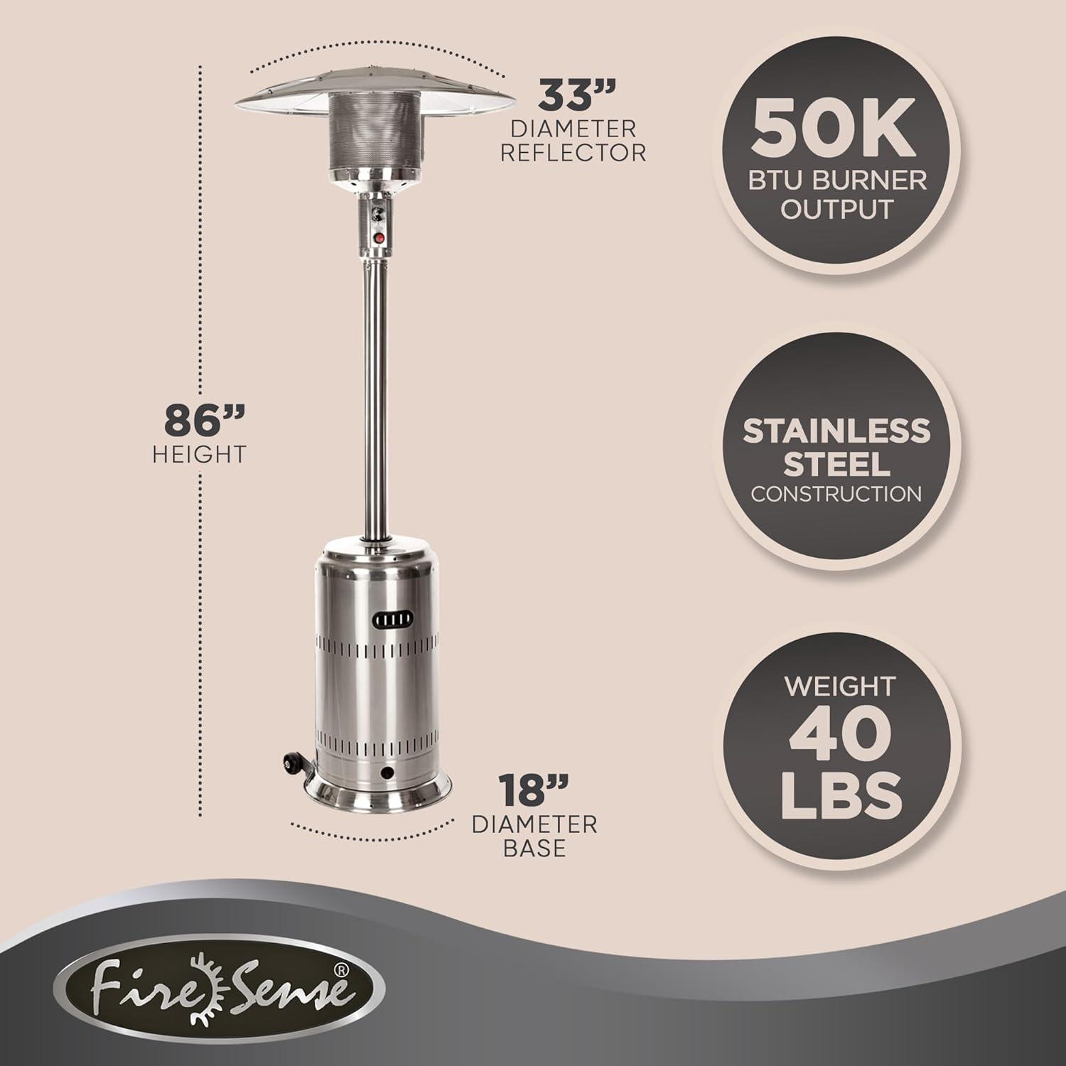 Fire Sense Fire Sense Performance Series Patio Heater with Wheels 50,000 BTU Output-Unpainted Stainless Steel