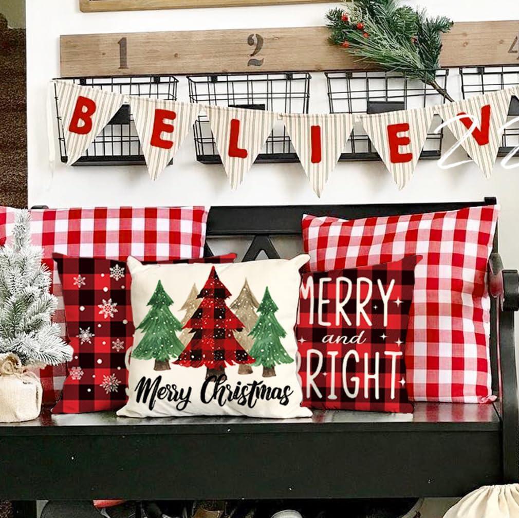 BEAUTY Merry Christmas Throw Pillow Covers 18 x 18 Inch Set of 4  Red Barn Merry & Bright Xmas Farmhouse Holiday Pillowcases for Home Outdoor Decoration CP053-18