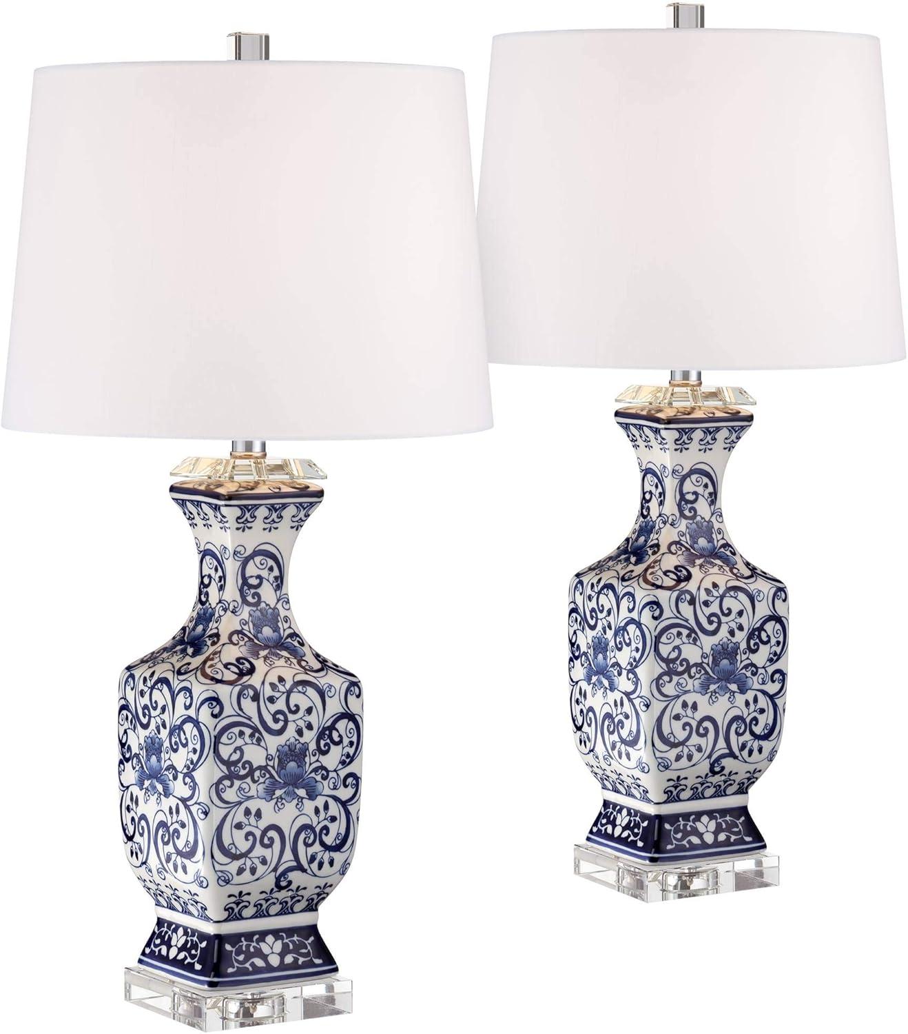 Blue and White Porcelain Floral Table Lamp Set with Crystal Accents