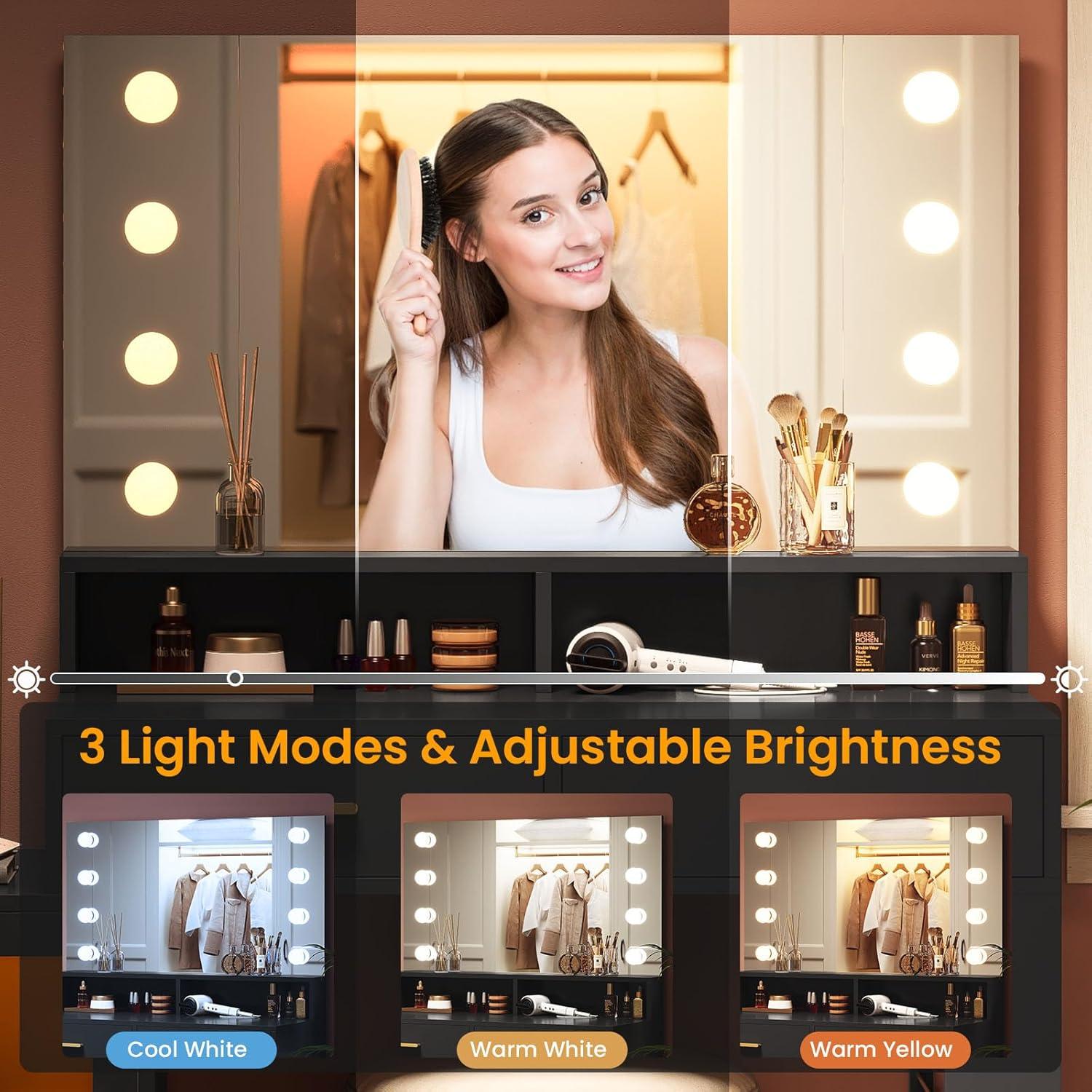 AOGLLATI Makeup Vanity Desk with Mirror and Lights & Charging Station, Black Vanity Table with 3 Drawers LED Dresser, Makeup Desk with 3 Lighting Modes, 5 Drawers and Cabinet Storage