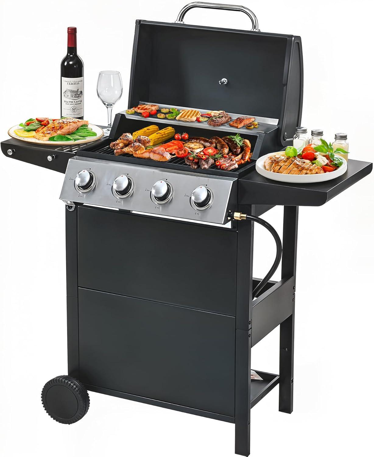 4 Burner Propane Gas Grill, Stainless Steel BBQ Grill 40,000 BTU for Outdoor Cooking Kitchen, Garden and Patio Backyard Barbecue, Black and Silver