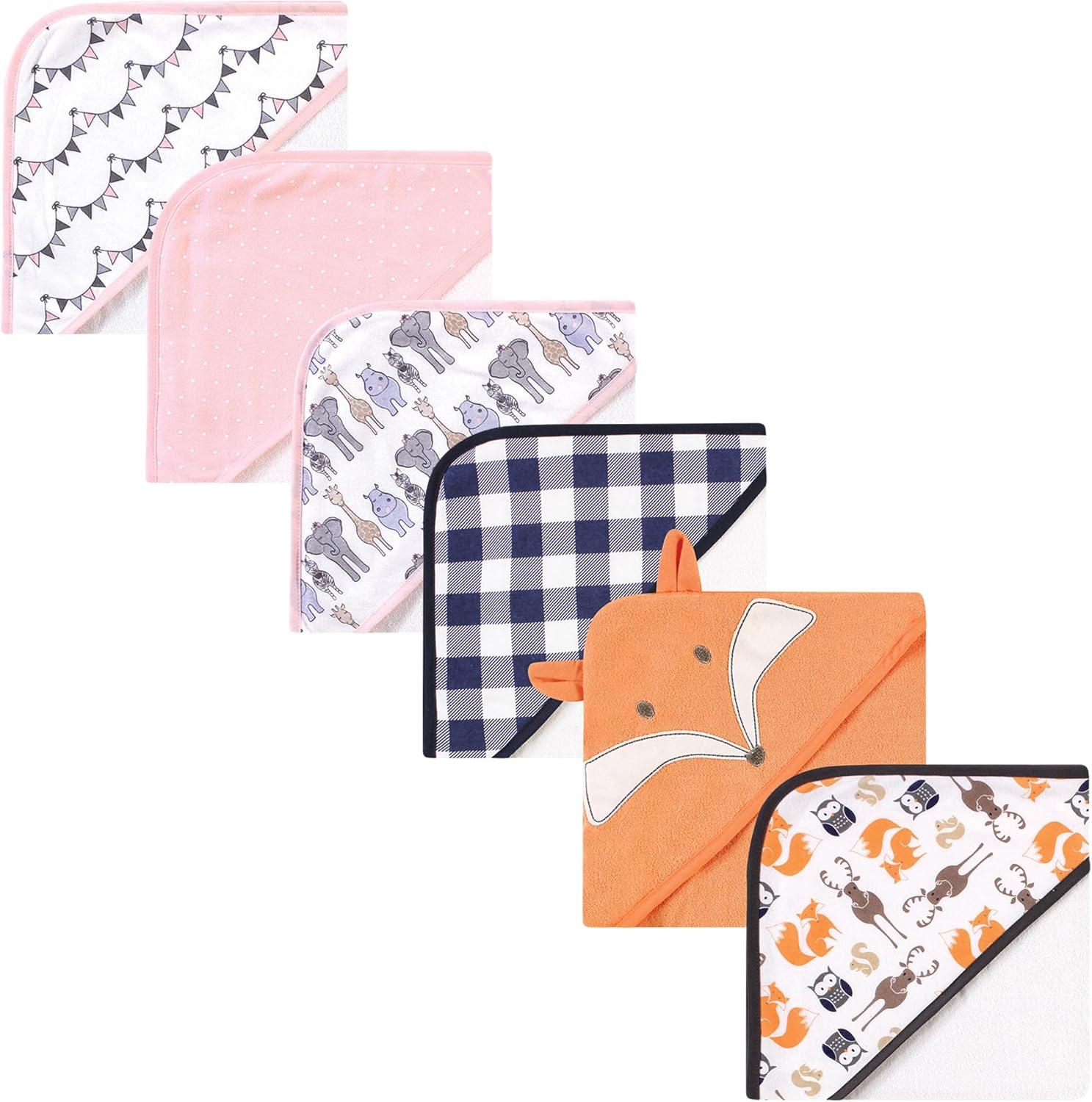 Hudson Baby Infant Girl 6Pc Cotton Rich Hooded Towels Bundle Set, Fox Pink Safari, One Size