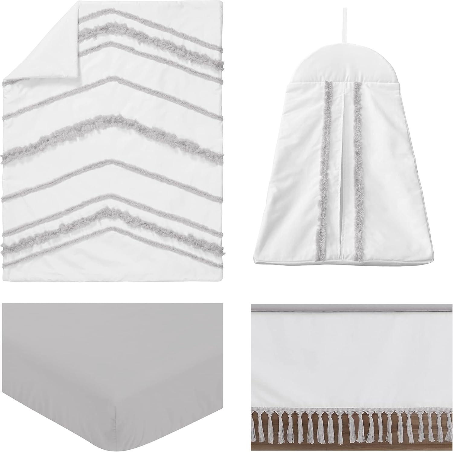 Sweet Jojo Designs Boy Girl Gender Neutral Unisex Baby Crib Bedding Set - Boho Fringe White and Grey Collection 4pc