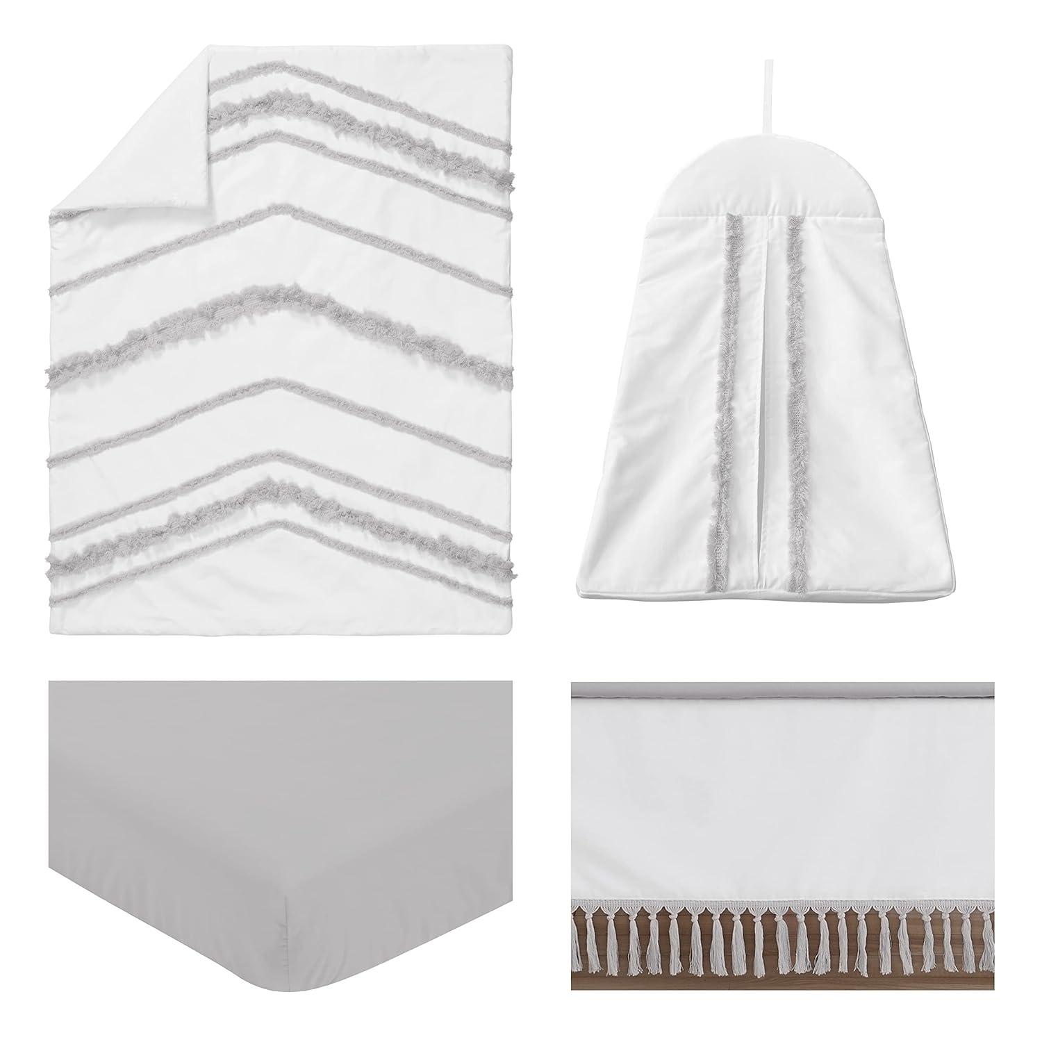 Sweet Jojo Designs Boy Girl Gender Neutral Unisex Baby Crib Bedding Set - Boho Fringe White and Grey Collection 4pc