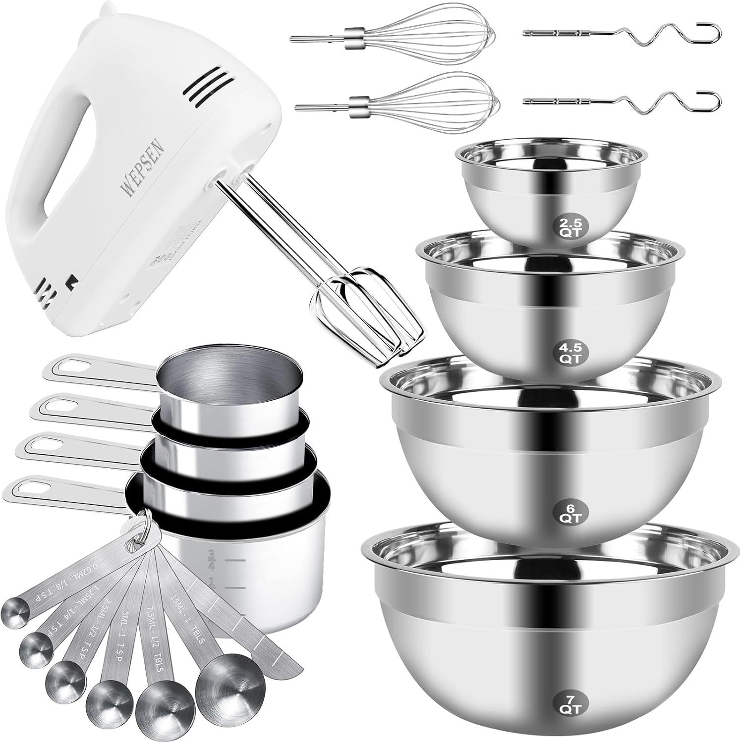 MODERN WALLS LLC B07SJQZVZS Hand Mixer Electric Mixing Bowls Set, 5 Speeds Handheld Mixer With 4 Nesting Stainless Steel Mixing Bowl, Measuring Cups Spoons 200W Kitchen Blender Whisk Beater Baking Supplies For Beginner
