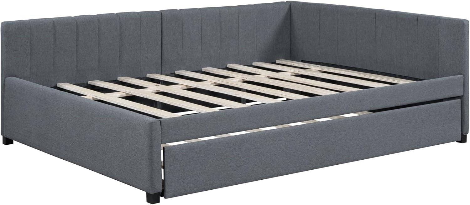 Linen Daybed, Full Solid Wood Daybed with Twin Size Trundle Bed, Bed Frame with Support of Slats, Maximize Space for Living Room, Bedroom and Guest Room, Gray