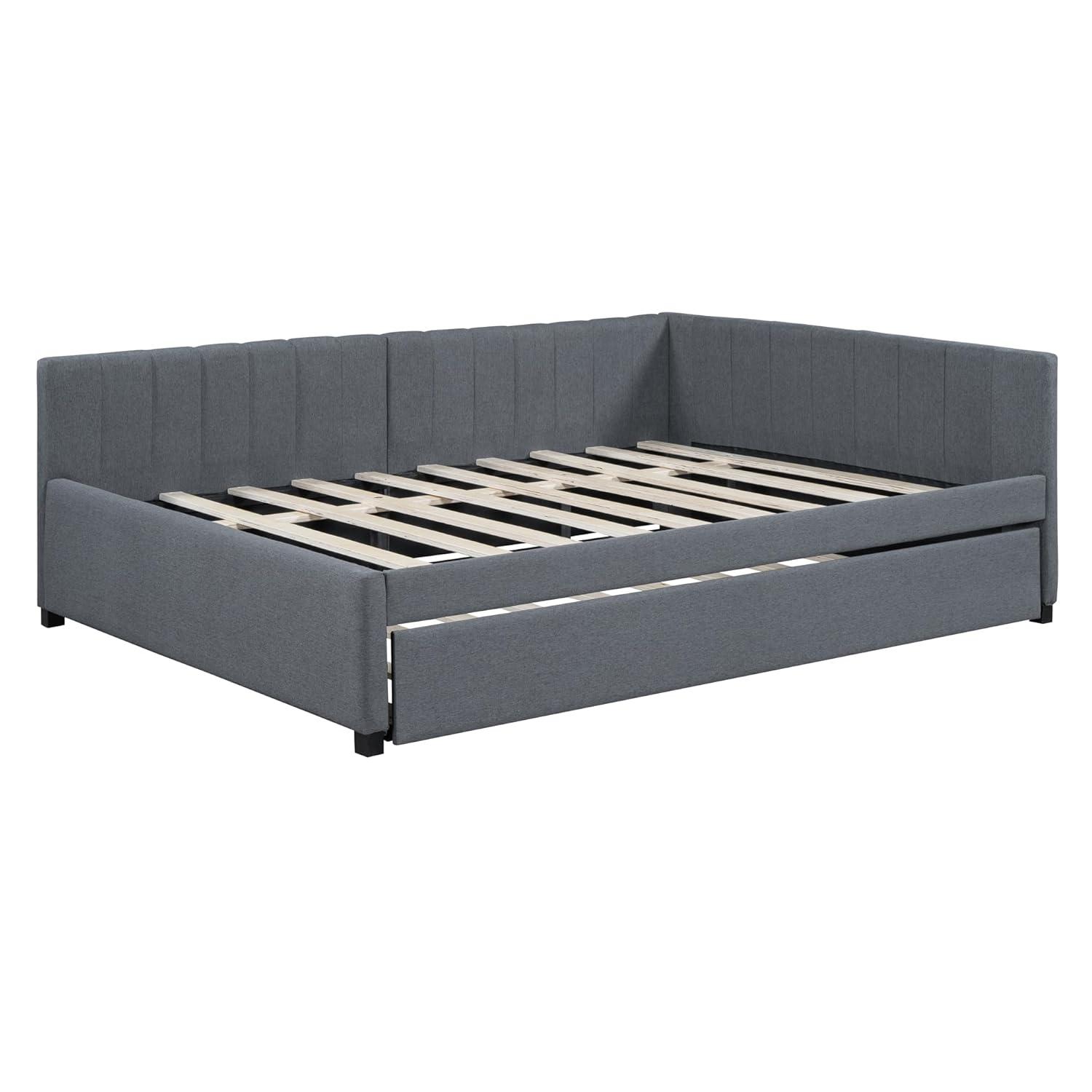 Linen Daybed, Full Solid Wood Daybed with Twin Size Trundle Bed, Bed Frame with Support of Slats, Maximize Space for Living Room, Bedroom and Guest Room, Gray