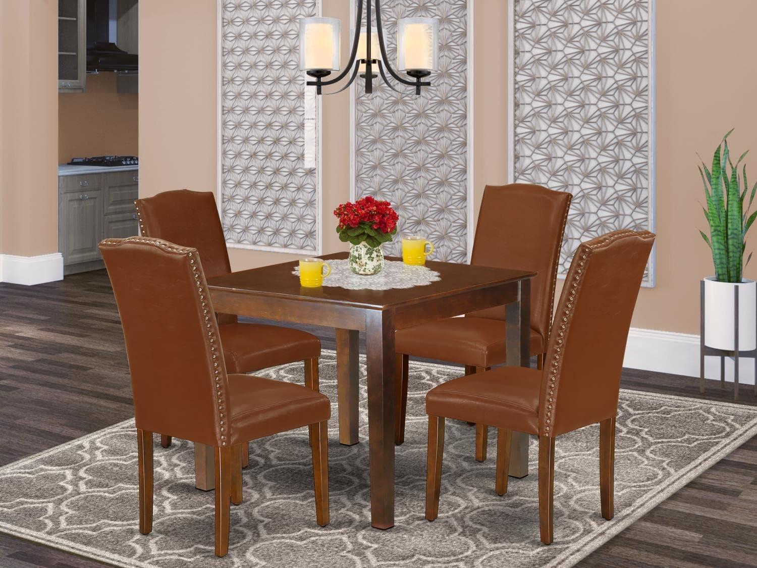 Elegant OXEN5-MAH-66 5Pc Dining Set: Square Table & 4 Parson Chairs with Mahogany Legs & Brown Faux Leather. Solid Wood, Beveled Top, Contemporary Design. Perfect for Family Meals.