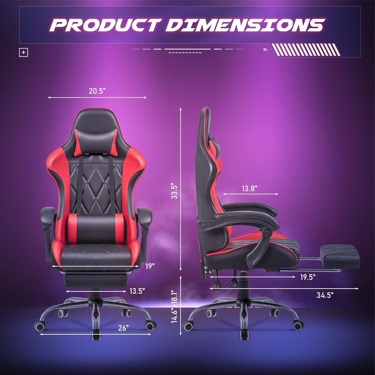 Shahoo Gaming Chair with Footrest and Massage Lumbar Support, Computer Game Chairs Ergonomic Office Seat Height Adjustable with Headrest, Red