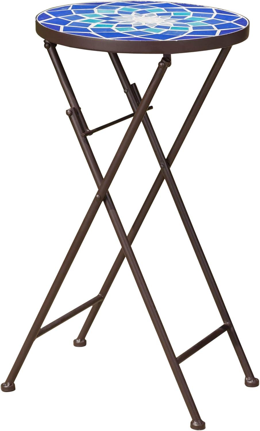 Fleur De Lis Living Folding Blue and White Top Side Table with Iron Frame, Multifunctional Plant or Beverage Stand