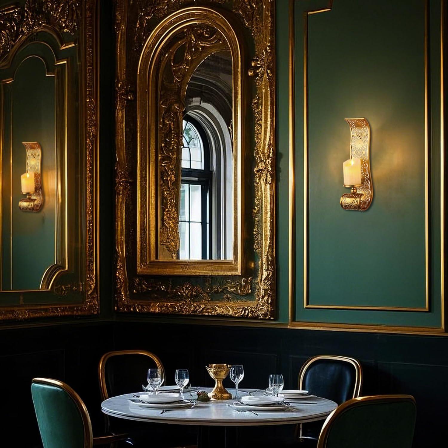 Wall Candle Sconce Set of 2,Gold Metal Wall Mount Candle Holder，Spanish Baroque Hollow Carving Wall-Mounting Sconces for Living Room, Bathroom, Dining Areas,Hallways Decorations