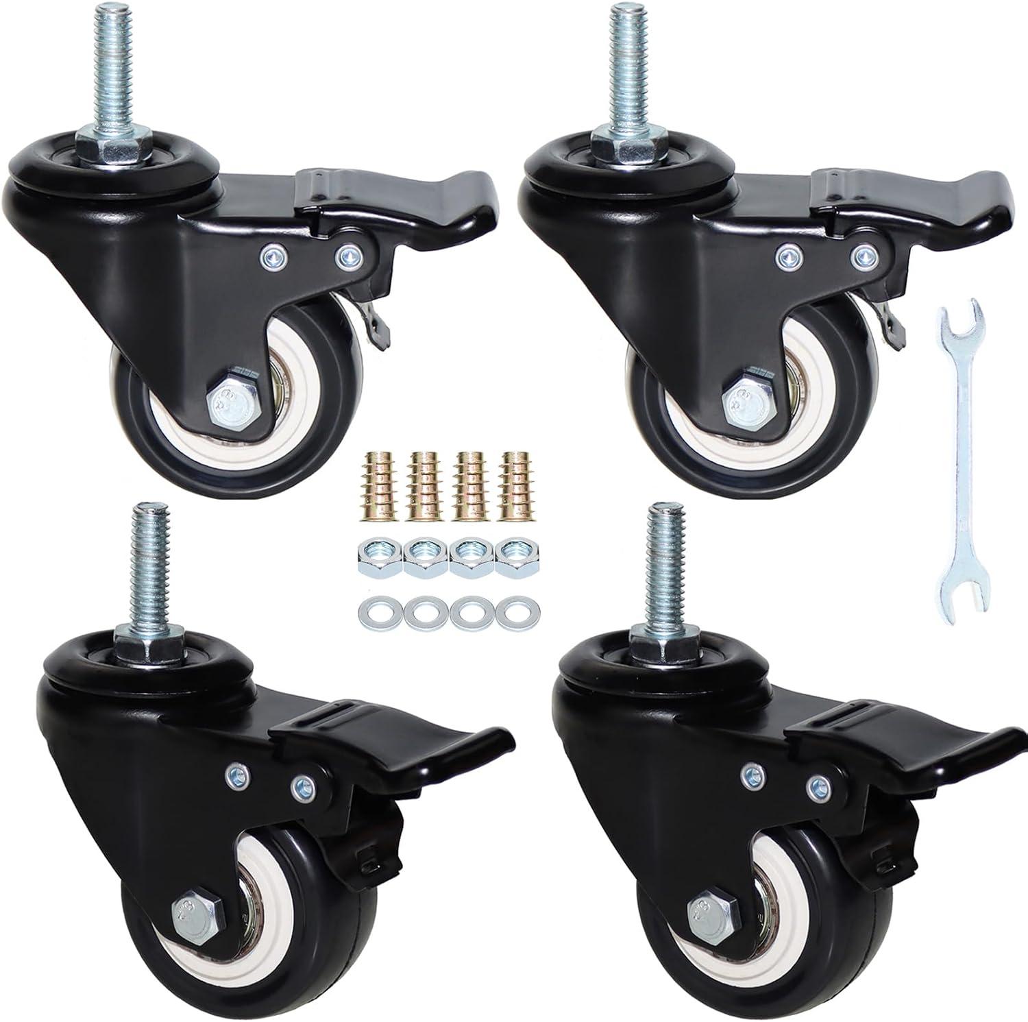 2'' Caster Wheels, Swivel Stem Casters 5/16'' - 18x1'' (Screw Diameter 5/16'', Screw Height 1'') 330Lbs Heavy Duty Threaded Casters No Noise PU Dual Locking Castors with Brake