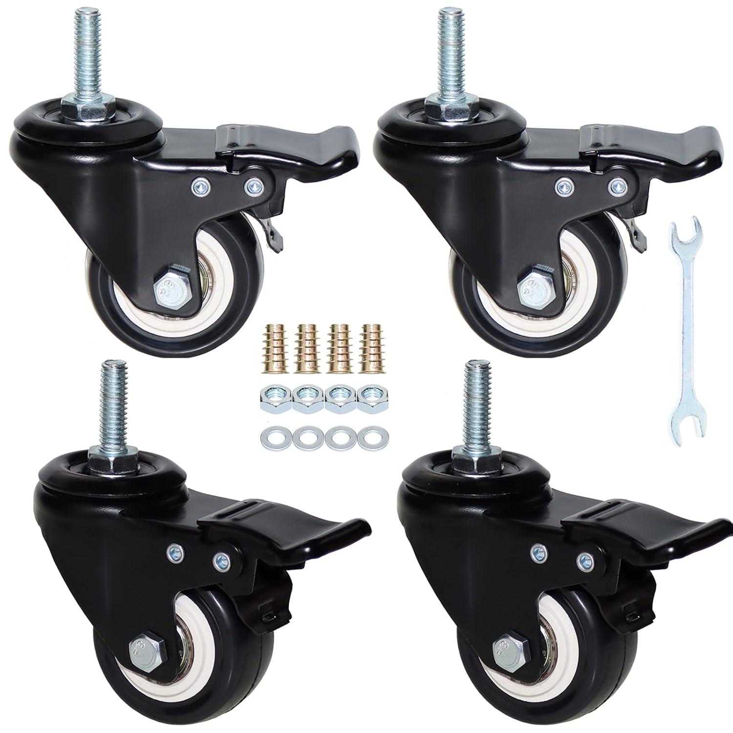 2'' Caster Wheels, Swivel Stem Casters 5/16'' - 18x1'' (Screw Diameter 5/16'', Screw Height 1'') 330Lbs Heavy Duty Threaded Casters No Noise PU Dual Locking Castors with Brake