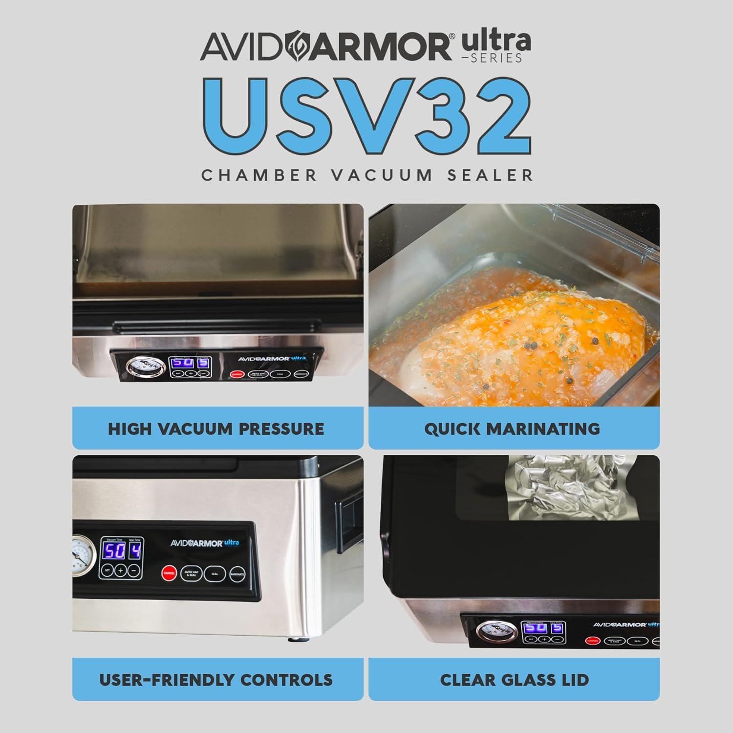 Avid Armor Ultra Series USV32 Food Saver Vacuum Machine, Stainless Steel Chamber Vacuum Sealer, Vacuum Sealer Machine for Wet Food