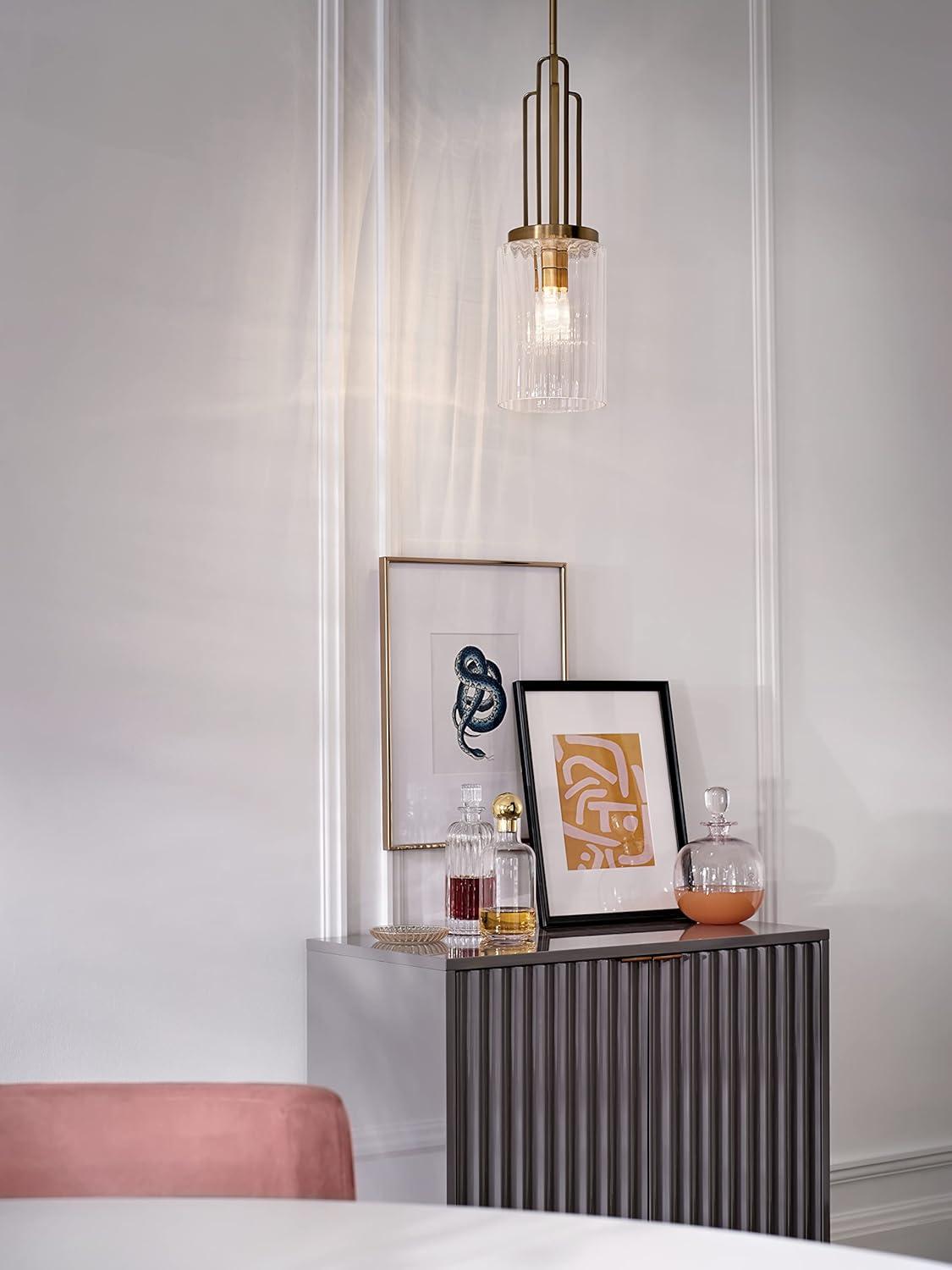 Elegant Art Deco Mini Pendant Light in Brushed Natural Brass with Clear Fluted Glass