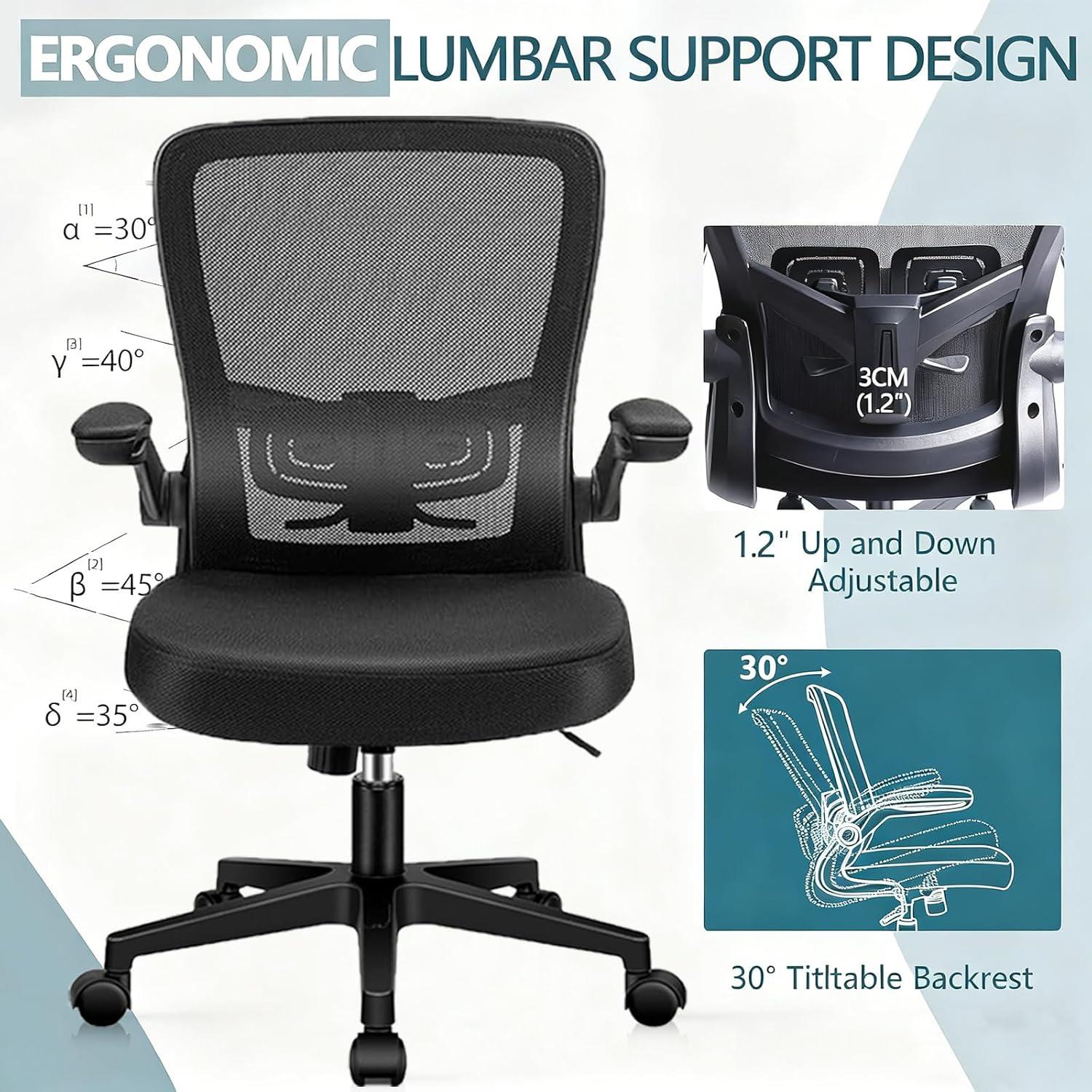 Clatina KLASIKA Ergonomic Office Desk Chair Mesh Back Flip Up Armrests Adjustable Height and Lumbar Support Swivel Chairs with Wheels