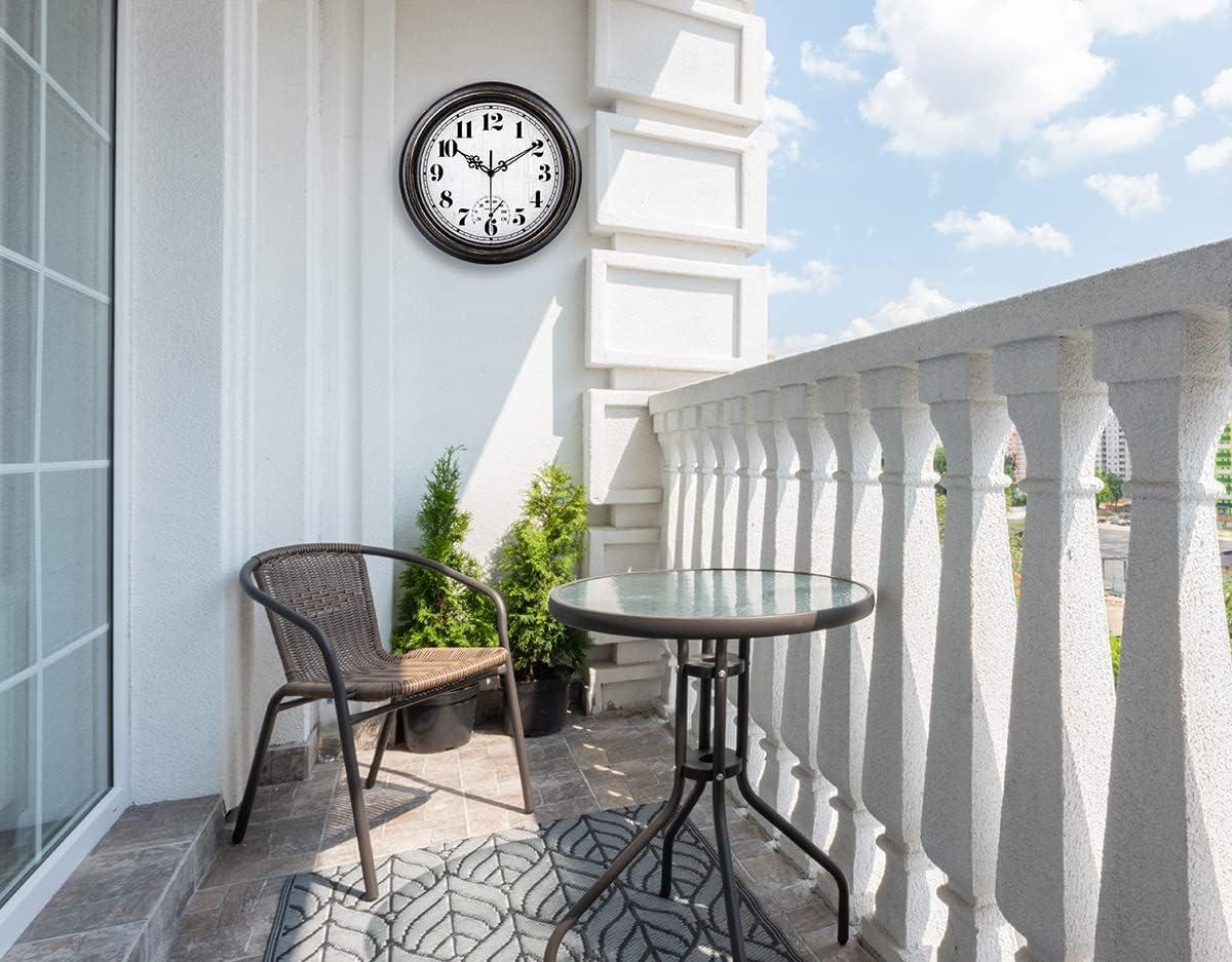 12 Inch Retro Silent Wall Clock,Indoor and Outdoor,Waterproof,Thermometer,Black