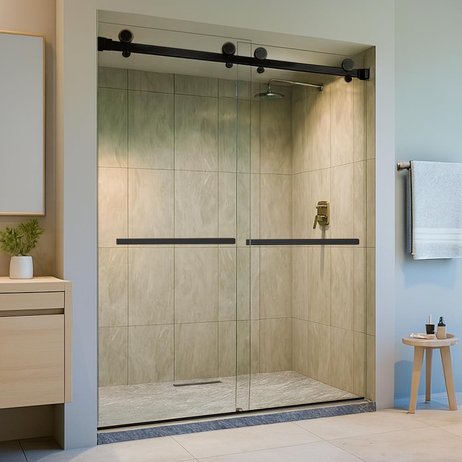 56" - 60" W 74” H Double Sliding Frameless Shower Door with Fixed Glass Panel