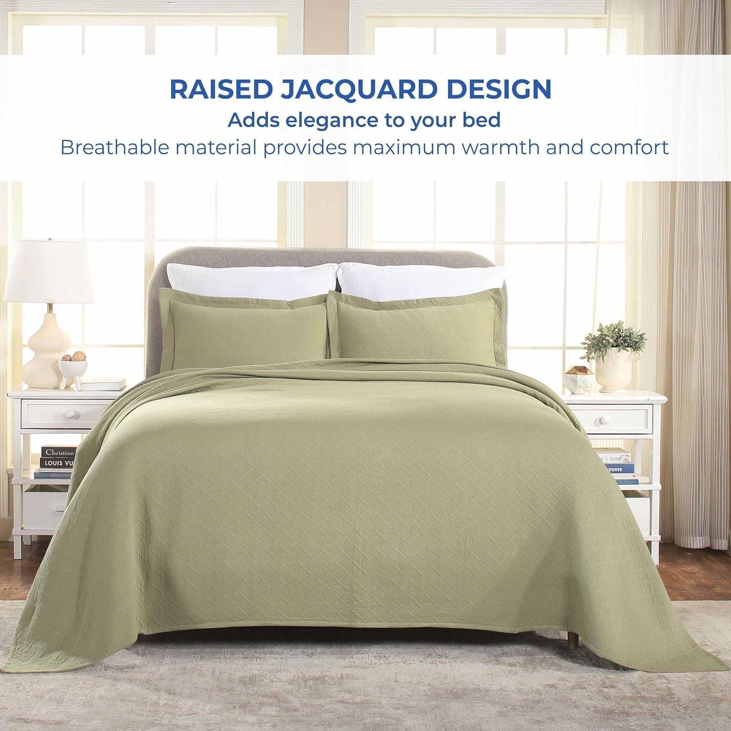Superior Basketweave Cotton Decorative Bedspread and Sham Set, King, Sage