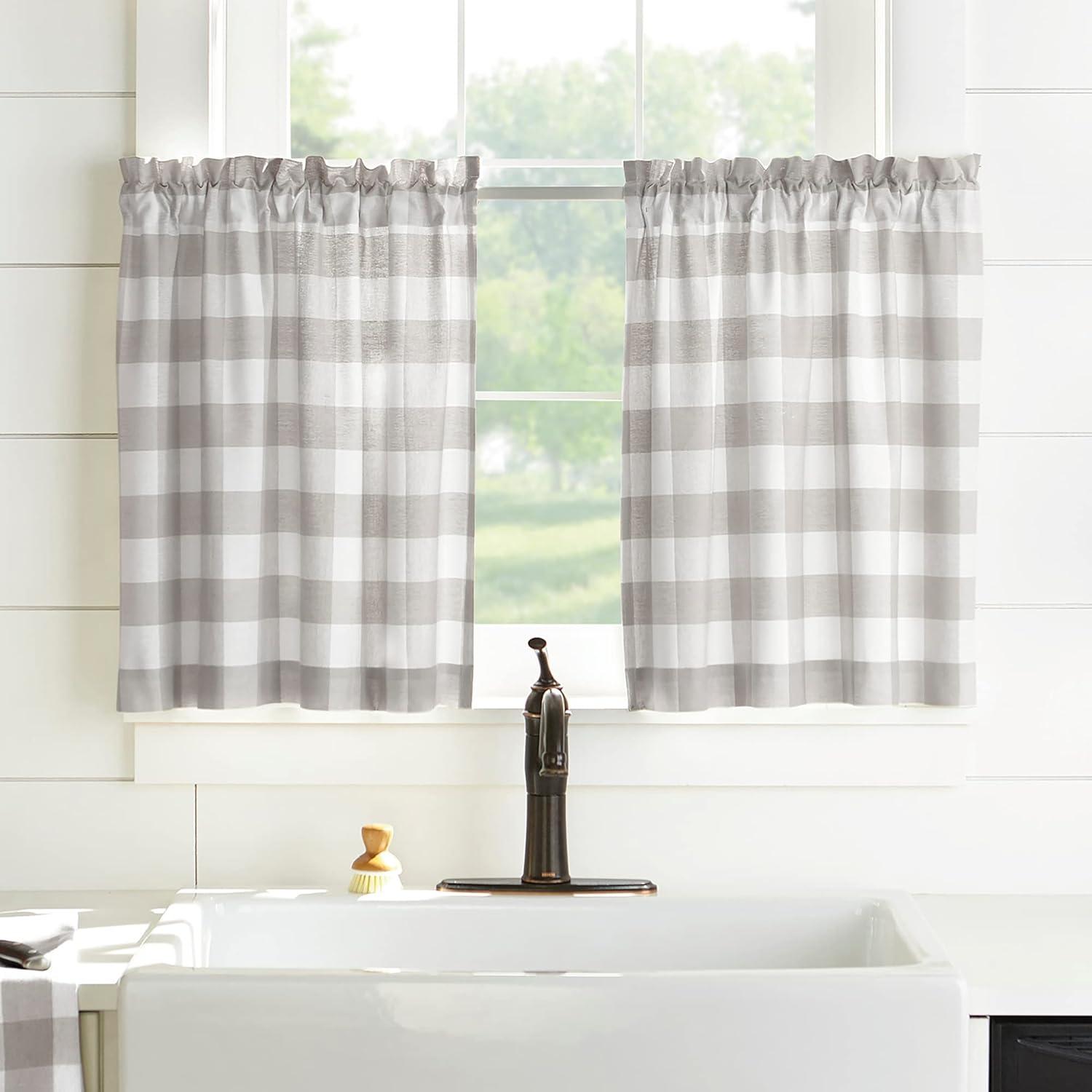 Farmhouse Living Buffalo Check Kitchen Tier Window Curtain Set of 2 - 30" x 36" - Gray/White - Elrene Home Fashions