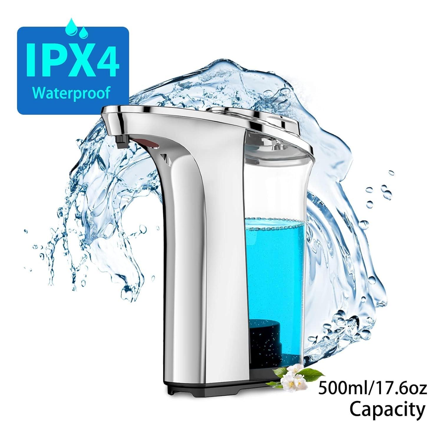 FKWin Automatic Soap Dispenser, Touchless Hand Soap Dispensers 17oz/500ml with 5 Adjustable Soap Levels, Kitchen Soap Dispensers, Liquid Hand Soap Dispenser Bathroom, Silver