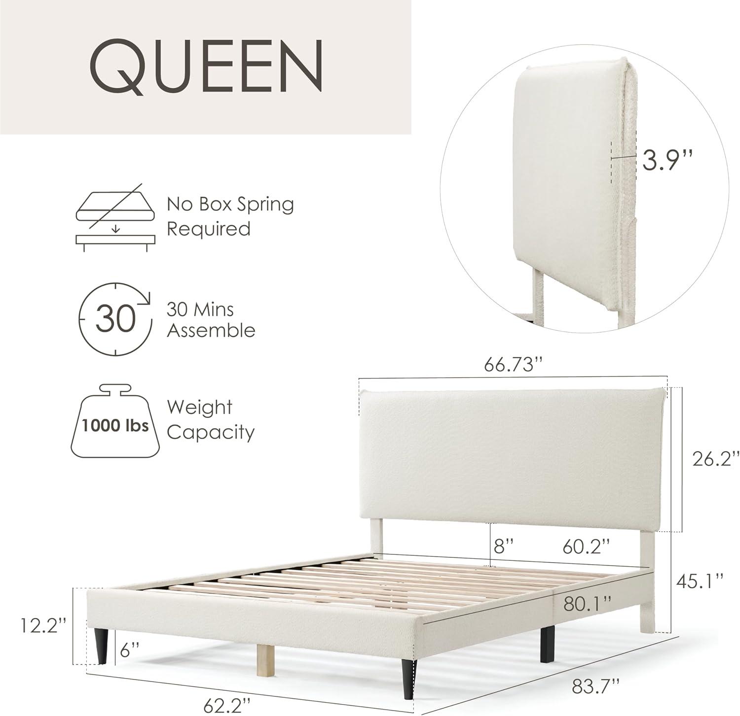24/7 Shop At Home Queen Heartwild Modern Boucle Upholstered Pillow Headboard Platform Bed: Smooth Finish & Wood Frame