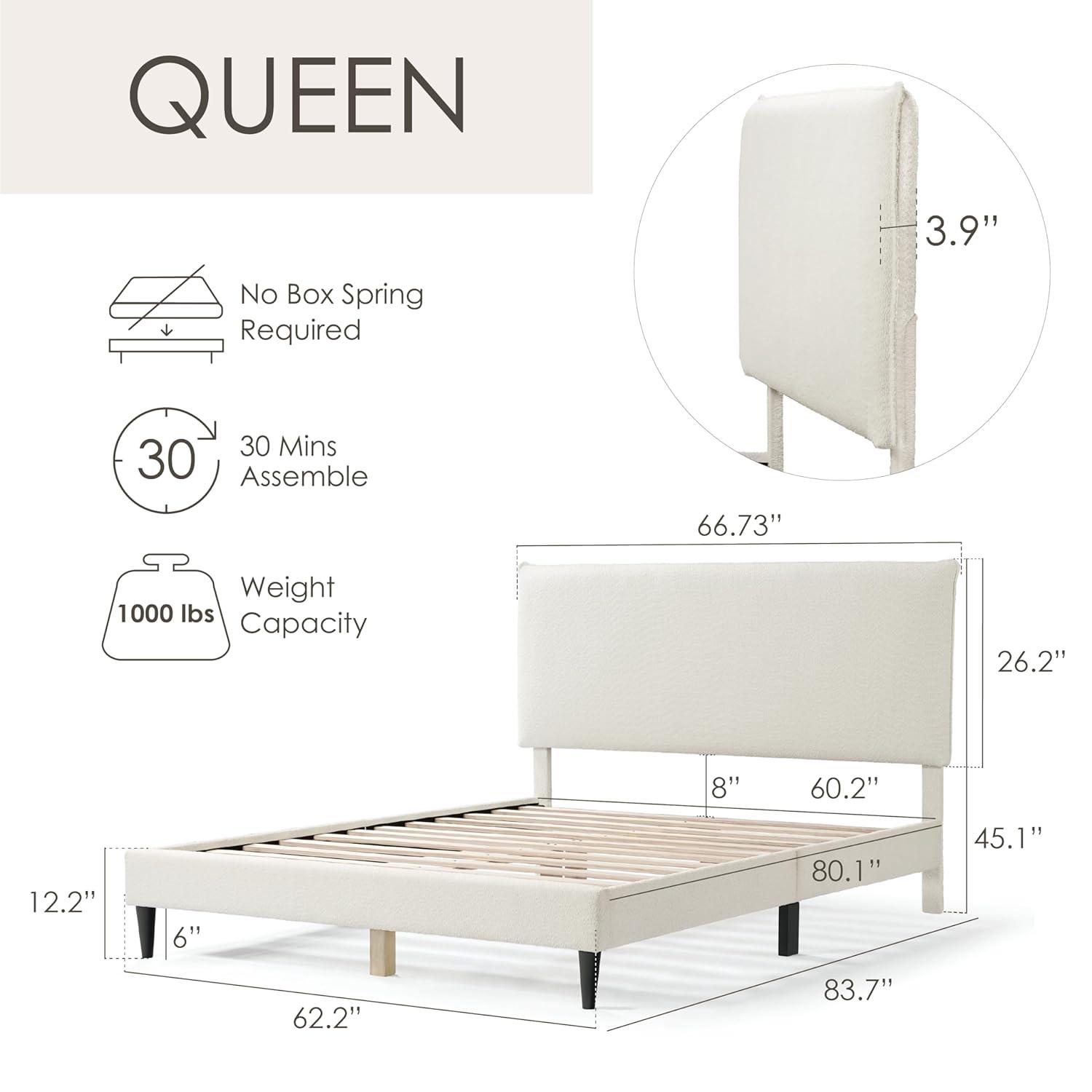24/7 Shop At Home Queen Heartwild Modern Boucle Upholstered Pillow Headboard Platform Bed: Smooth Finish & Wood Frame