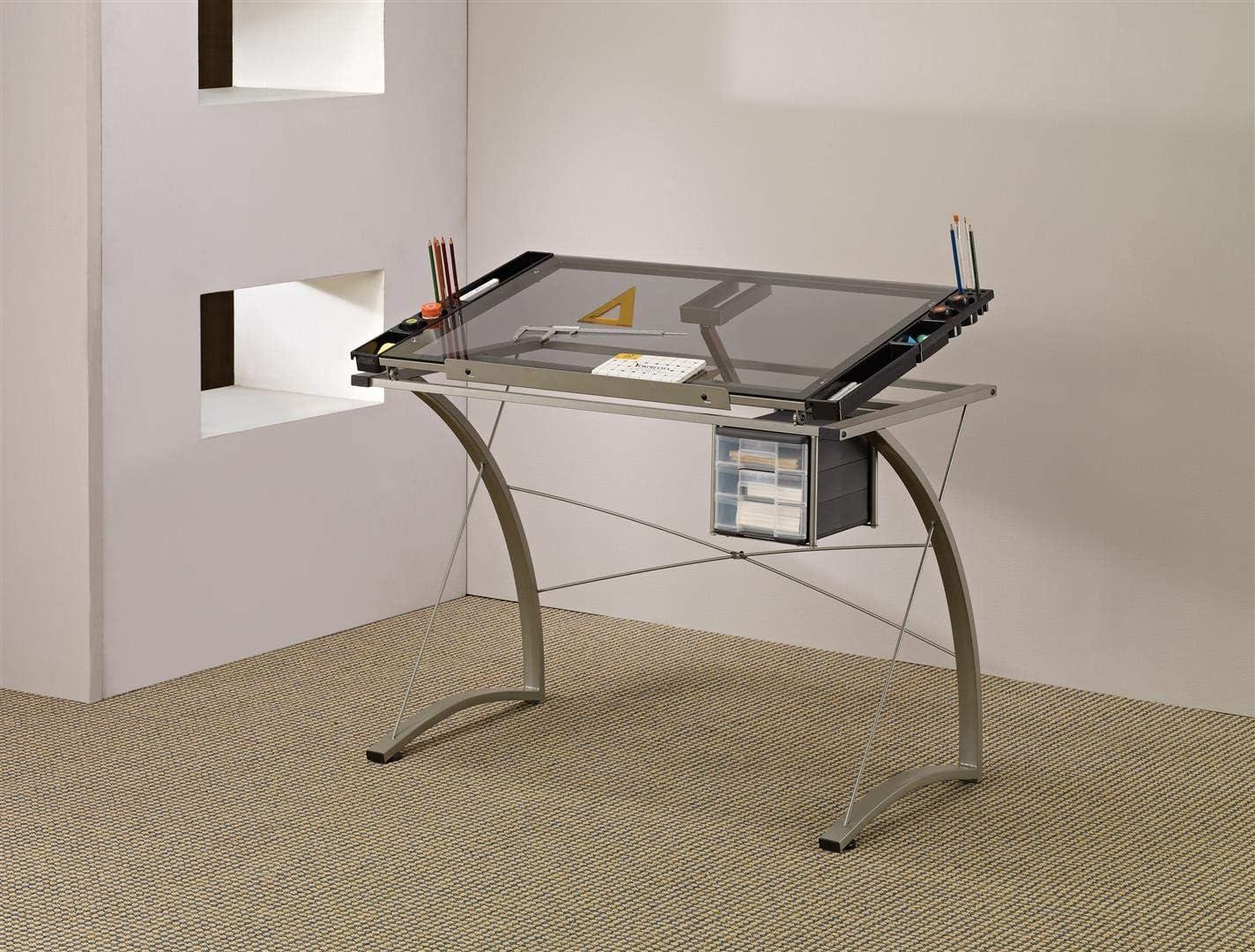 Melo 3 Drawer Glass Top Drafting Desk with Supply Storage Silver - Coaster