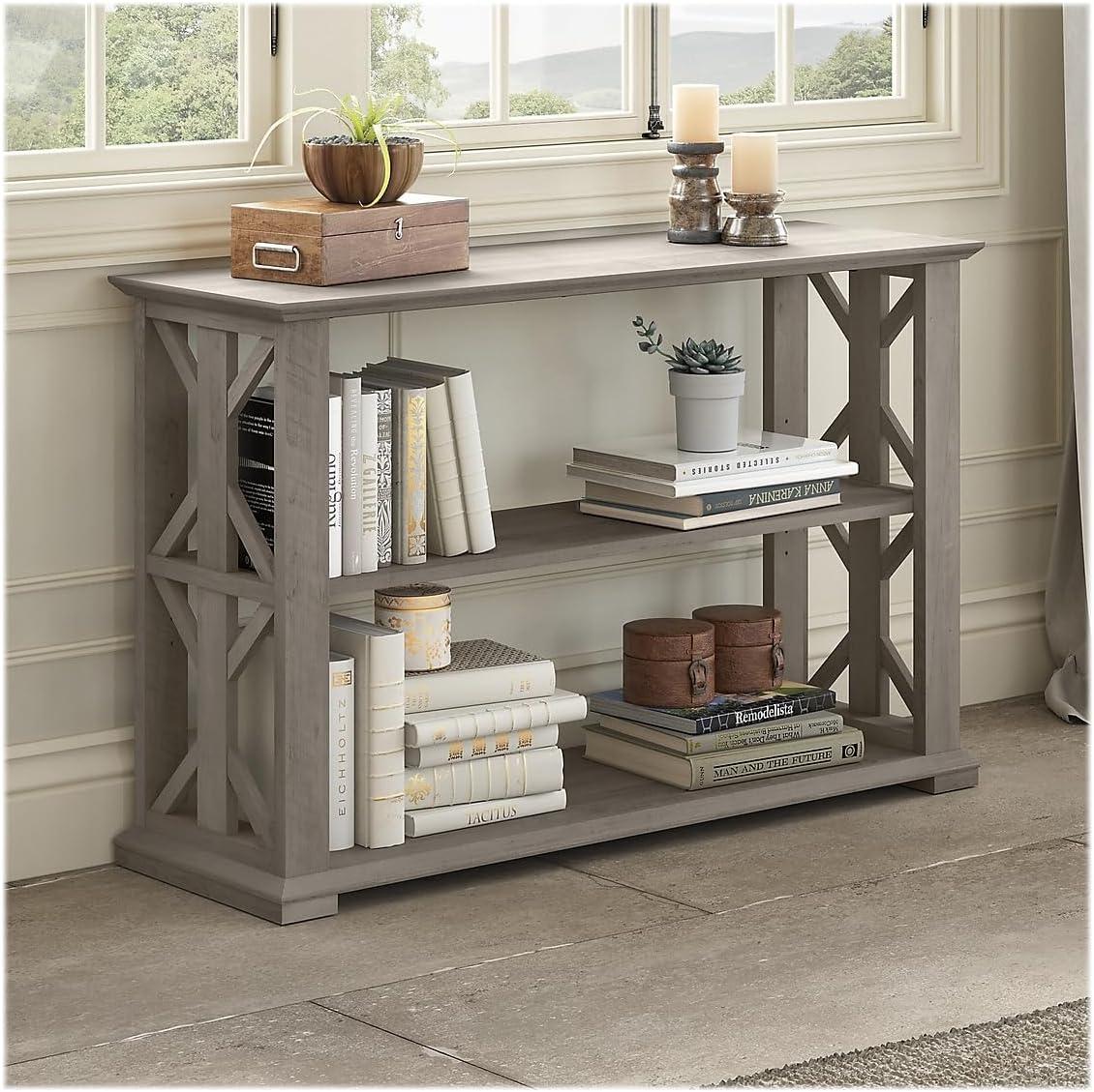 Gray Rectangular Wood Console Table with Storage Shelves