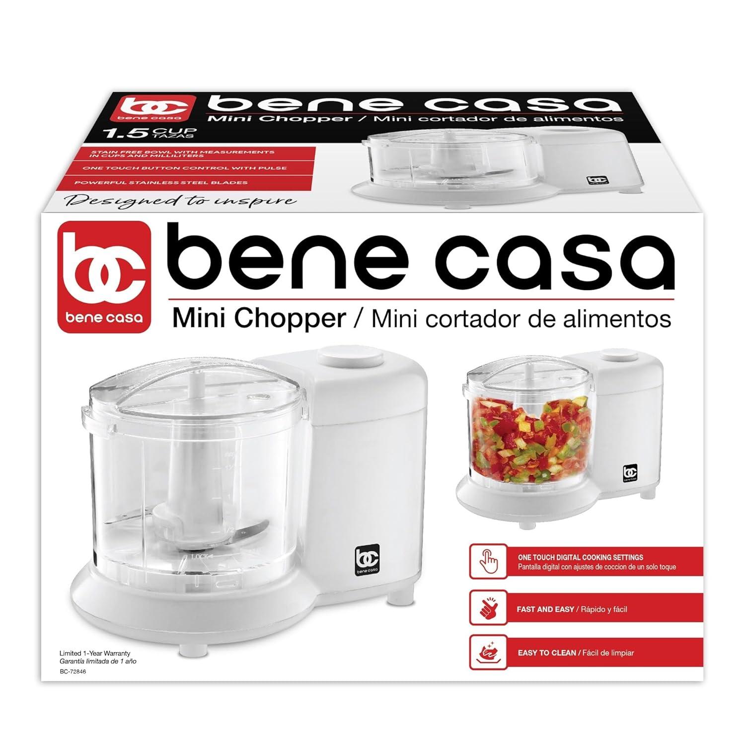 Bene Casa Mini Chopper in white, stainless-steel blade mini chopper, pule control, dishwasher safe chopper, mincer, dicer, powerful motor