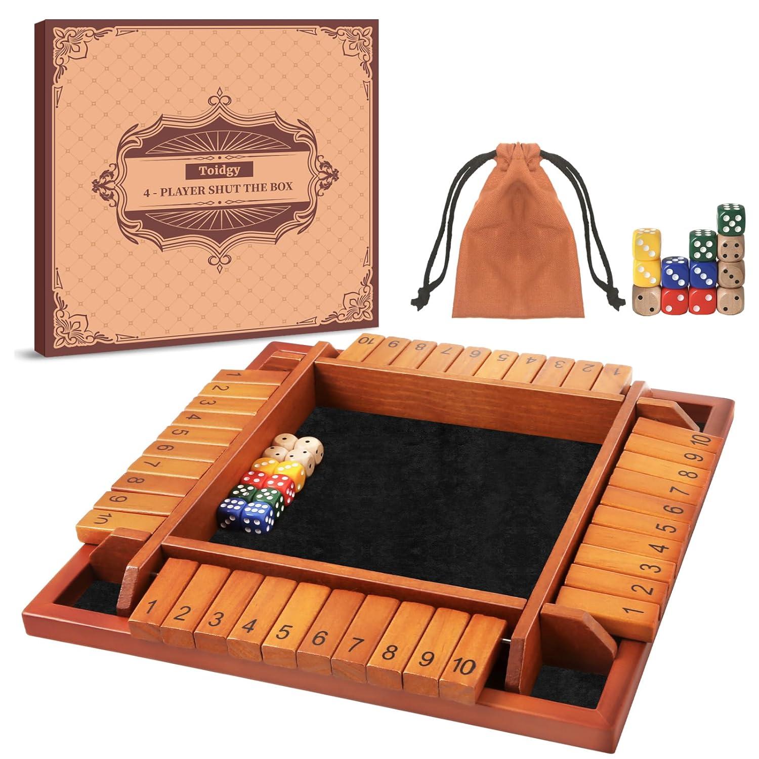 4 Players Shut The Box Dice Games, Wooden Board Table Math Game with 12 Dice and Instructions, Classics Close The Box Board Game for Adults Kids, Family Classroom Home or Bar
