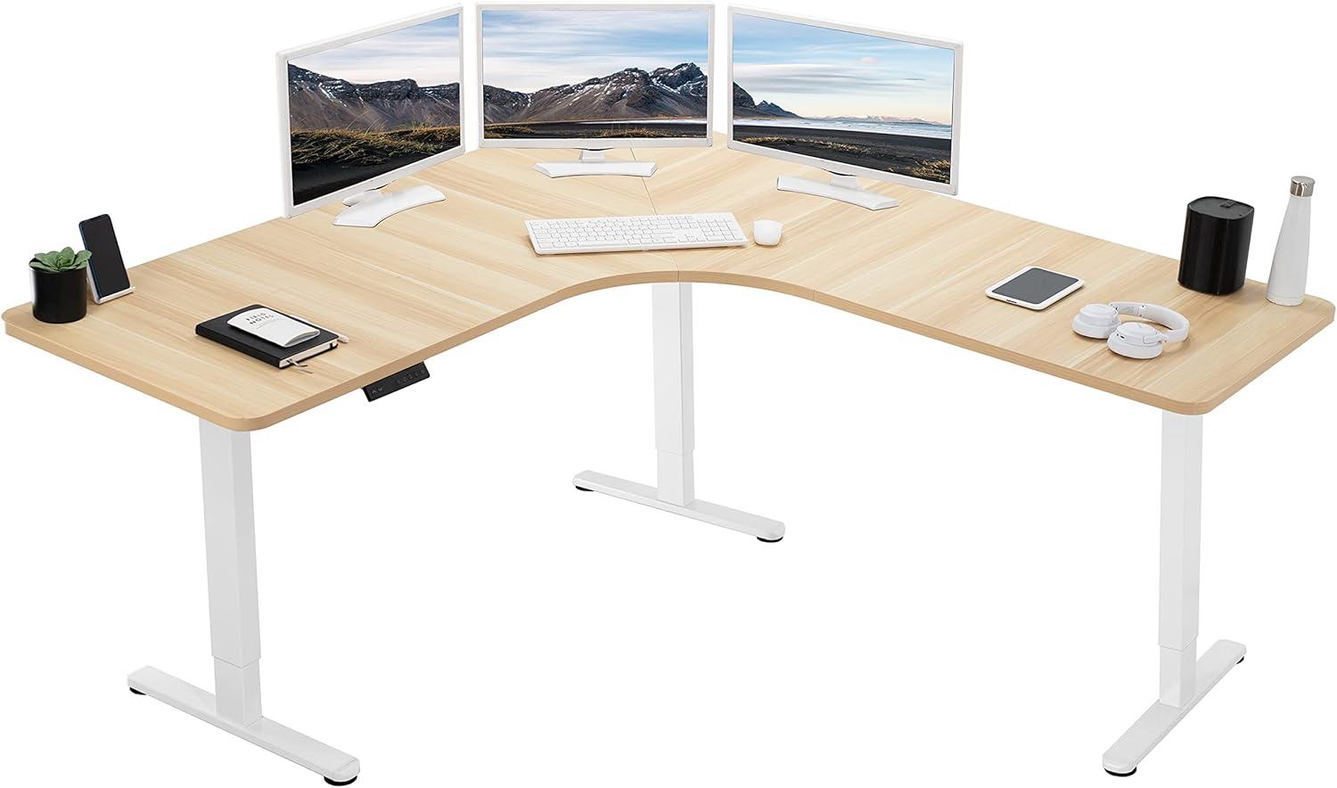 Light Wood and White L-Shaped Electric Adjustable Standing Desk