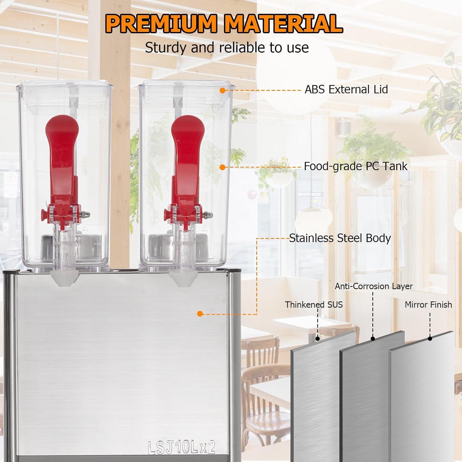 Commercial Beverage Dispenser, Towallmark 2 Tanks 5.28 Gallon 20L Commercial Juice Dispenser, 10 Liter Per Tank, 280W Stainless Steel Food Grade Ice Tea Drink Dispenser with Thermostat Controller
