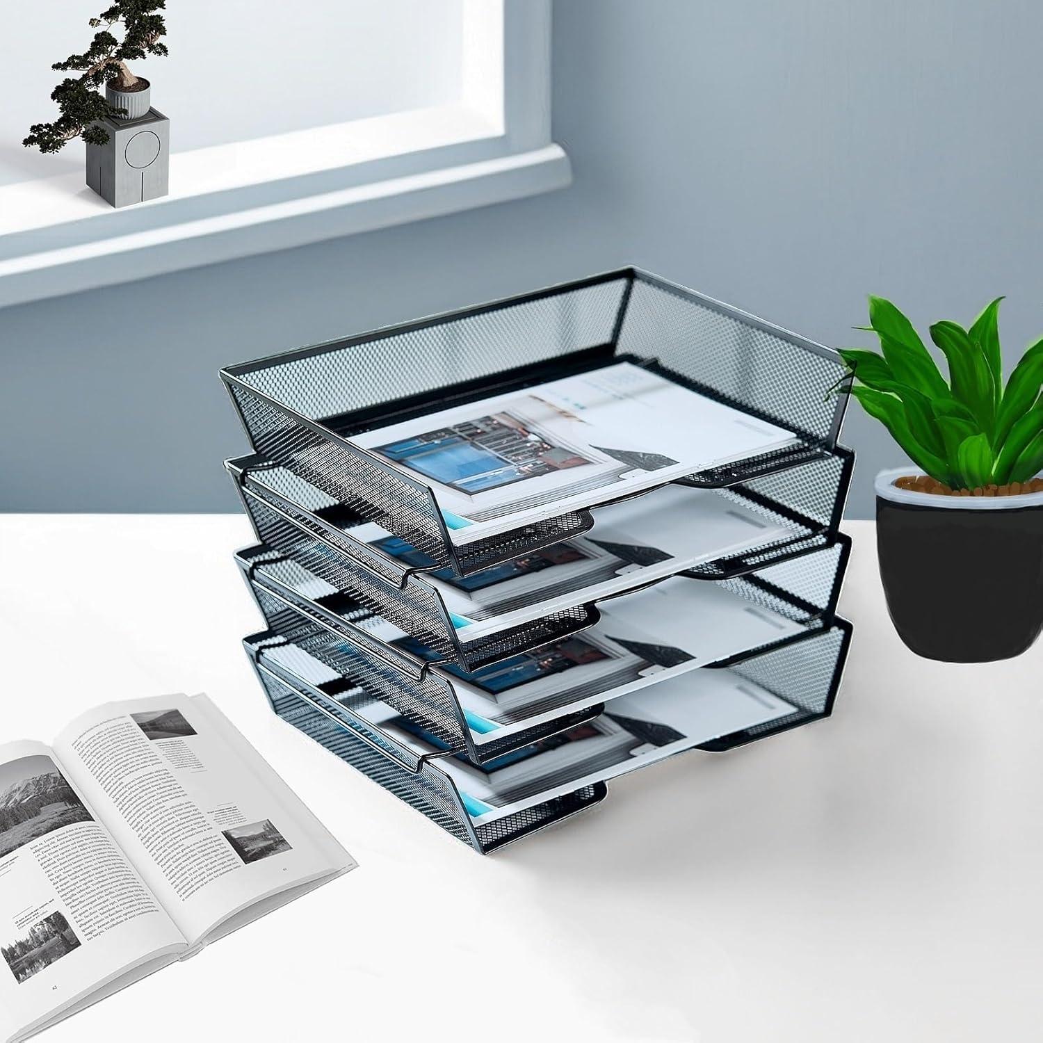 Stackable Paper Tray Desk Organizer – 4 Tier Metal Mesh Letter Organizers for Business, Home, School, Stores and More, Organize Files, Folders, Letters, Paper, Binders