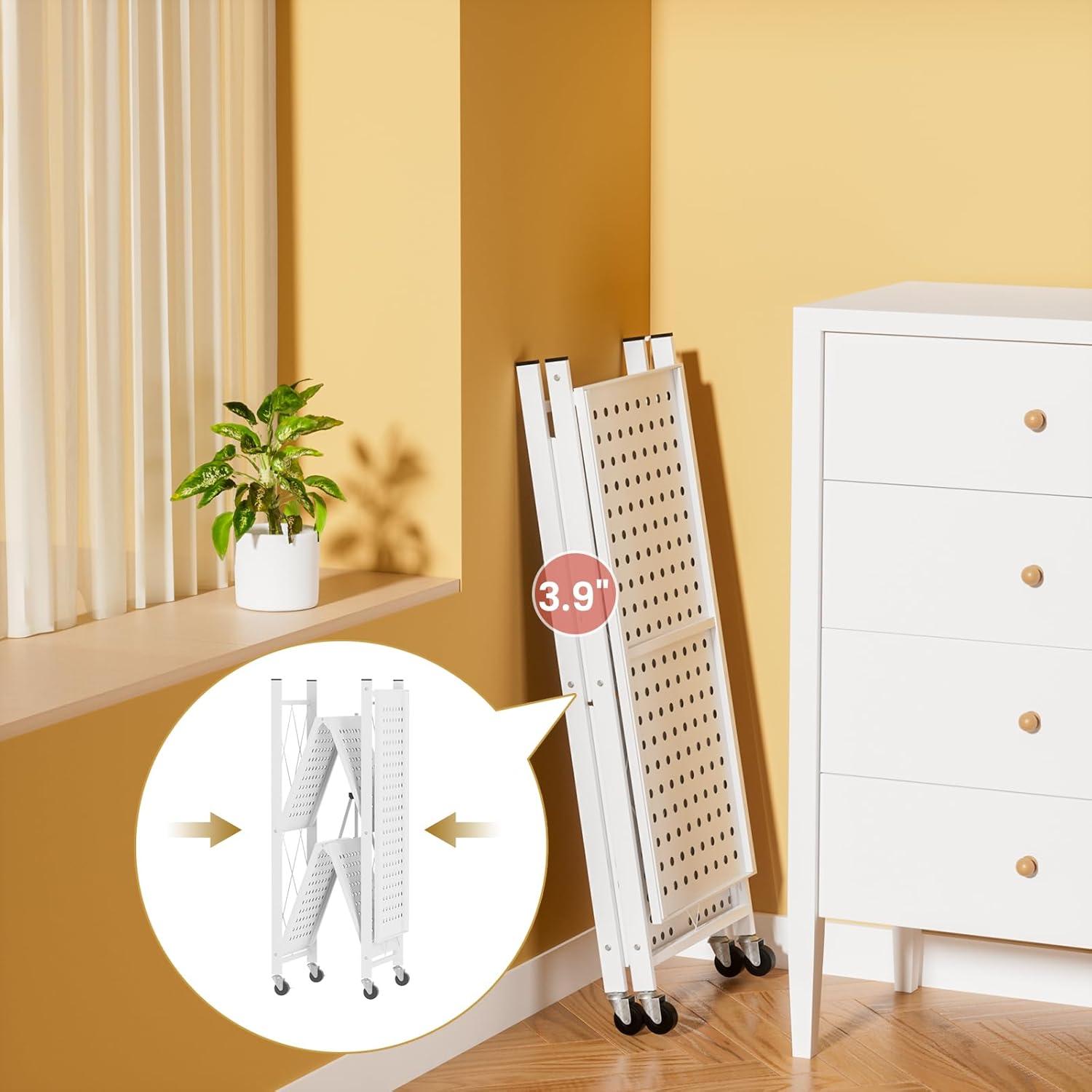 3-Tier Storage Shelves with Wheels, Folding Bookshelf No Assembly, Metal Display Shelf for Balcony, Kitchen, Basement, Pantry, White